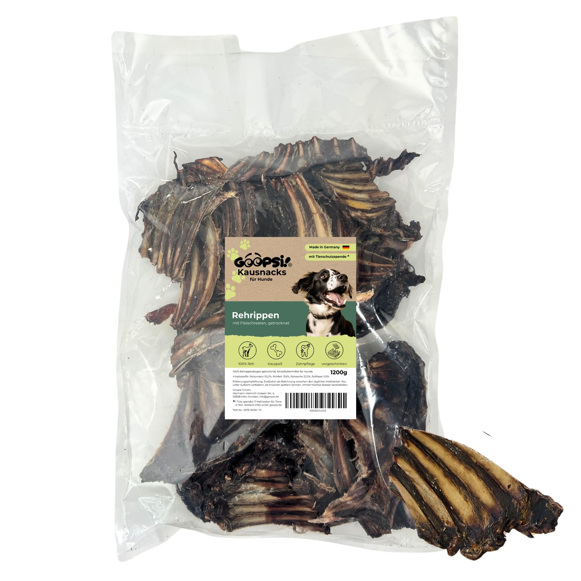 Rehrippen Hund getrocknet 1,2 kg gestückelt - Kauartikel Hund groß, Kauknochen, Natur Kauartikel wild, Hundekauknochen mit Fleisch, Zahnreinigung Hund unbehandelt mit Fleischresten Kauspaß