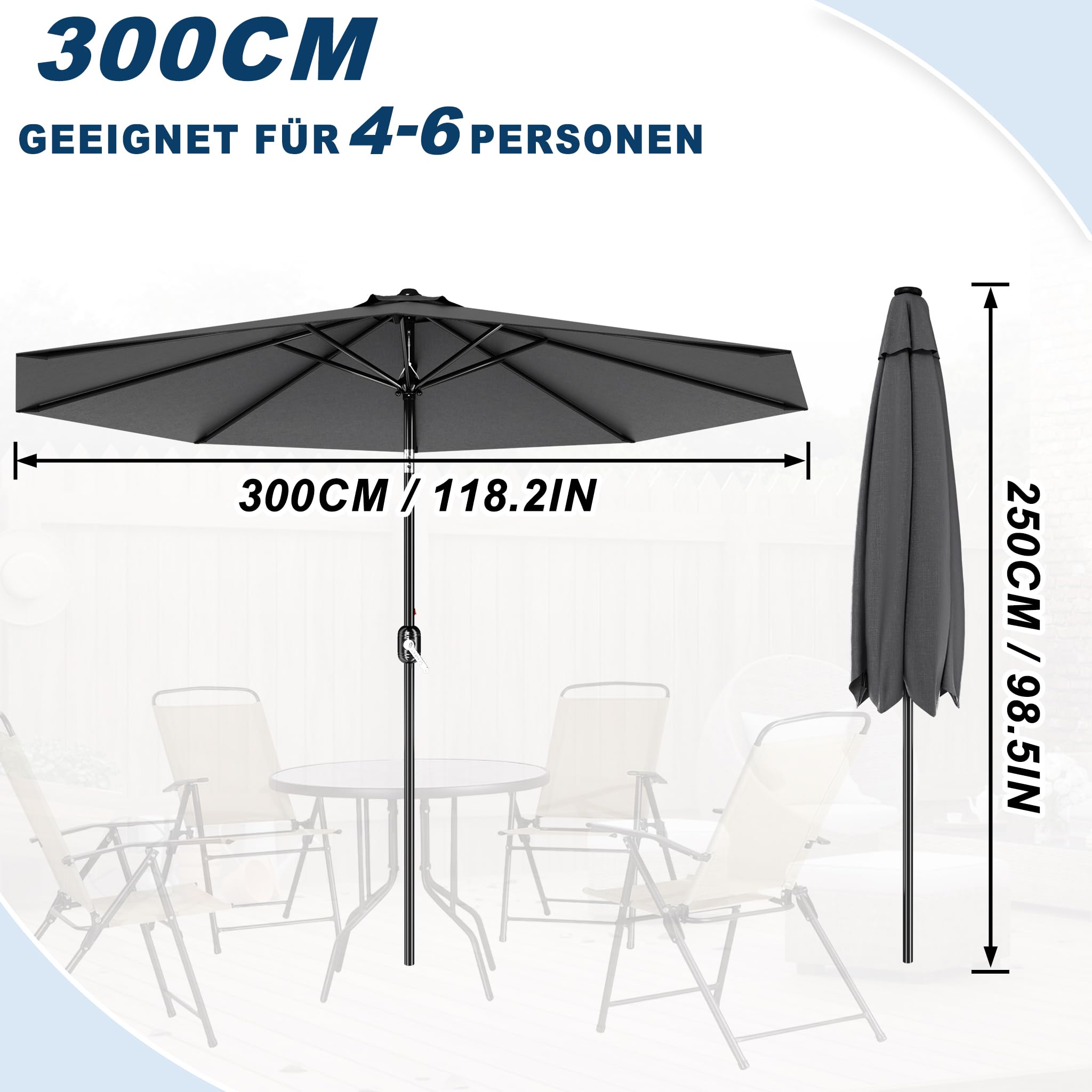 YRHome 300 cm/350 cm parasol przeciwsłoneczny, aluminiowy, bez/z funkcją nachylenia, ochrona UV 40+, ciemnoszary, parasol ogrodowy, na balkon, do ogrodu, na taras, antracytowy, 3 miesięcy