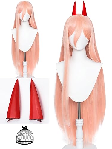 Power Wig Long Straight Anime Orange Pink Cosplay Wigs with Horn Hairpins 39'' Synthetic Hair for Women Halloween Party