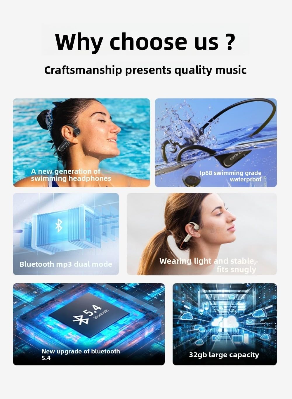 Bone Conduction Bluetooth Sports Headphones, IPX8 Waterproof, 32GB Memory, MP3 Bluetooth Dual Mode, Wireless, for Swimming Running Cycling (X22 Black [IPX8 Waterproof, 32G Memory])