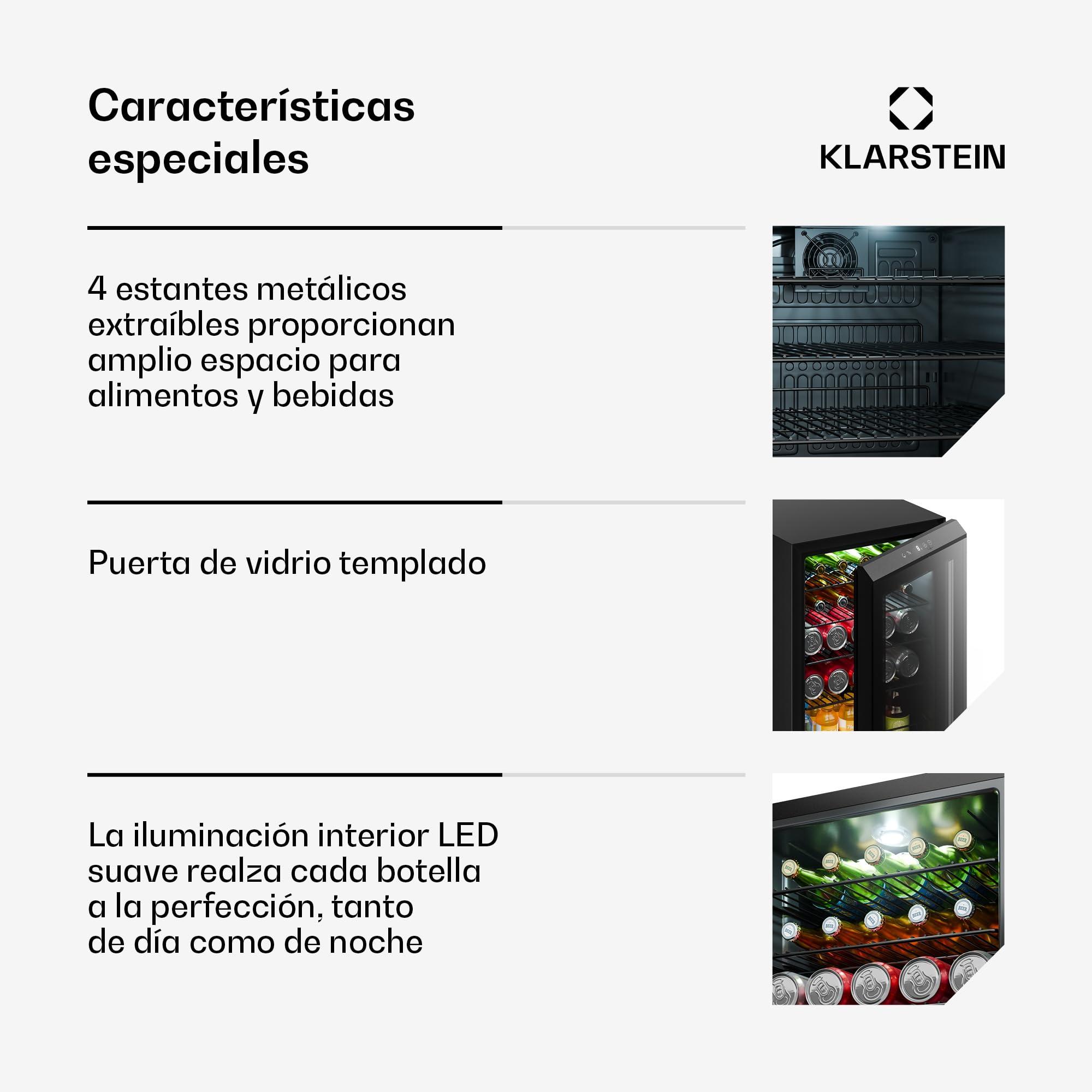KLARSTEIN Nevera para bebidas Bevora 62 L – Nevera para bebidas con puerta de cristal, control táctil, iluminación LED, temperatura ajustable de 1 a 12 °C, 2 estantes