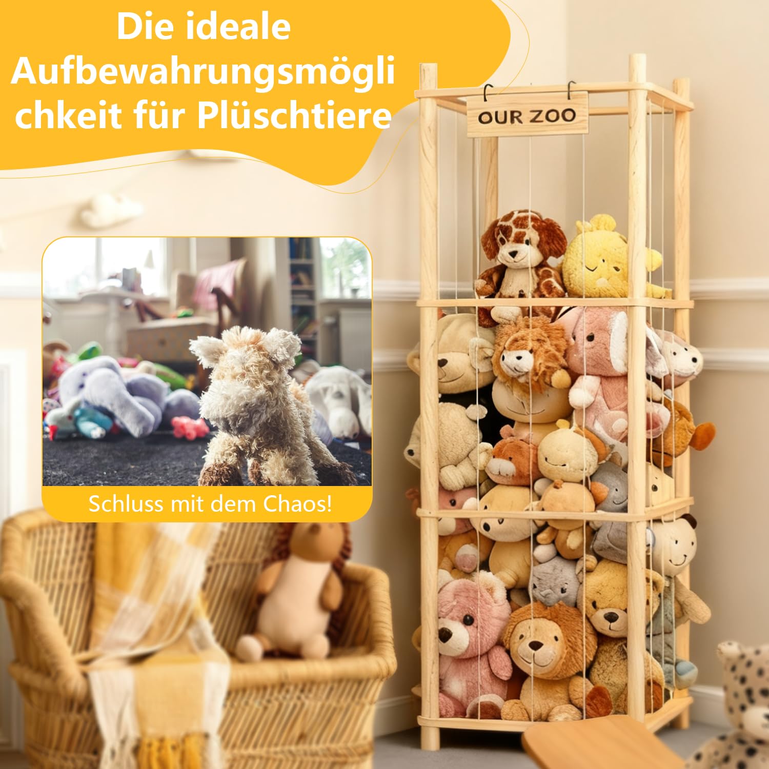 Contenitore per animali di peluche, in legno, 136 x 40 x 40 cm, salvaspazio, per camera dei giochi, cameretta dei bambini, soggiorno