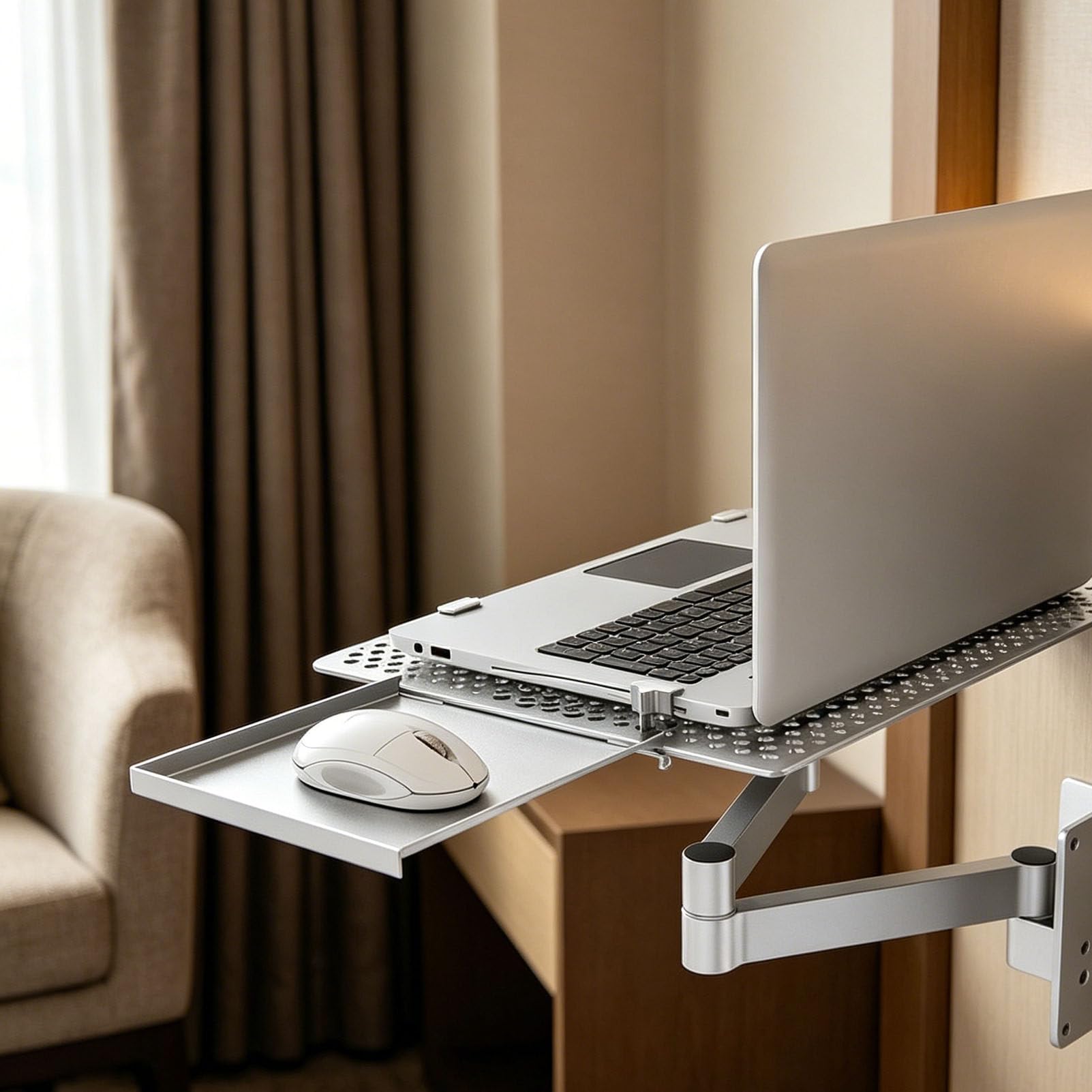 PioMue Adjustable Laptop Wall Mount With Pull Out Mouse Tray, Ventilated Cooling Notebook Platform, Full Motion Swivel Arm Holds Max 8KG