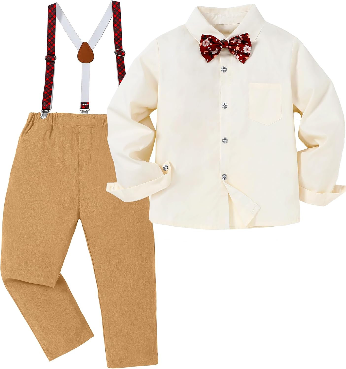 DISAUR Boy Formal Suits Wedding Outfit Long Sleeve Button Down Dress Shirt Bow Tie Suspender Pants Gentleman for 5-9 Years