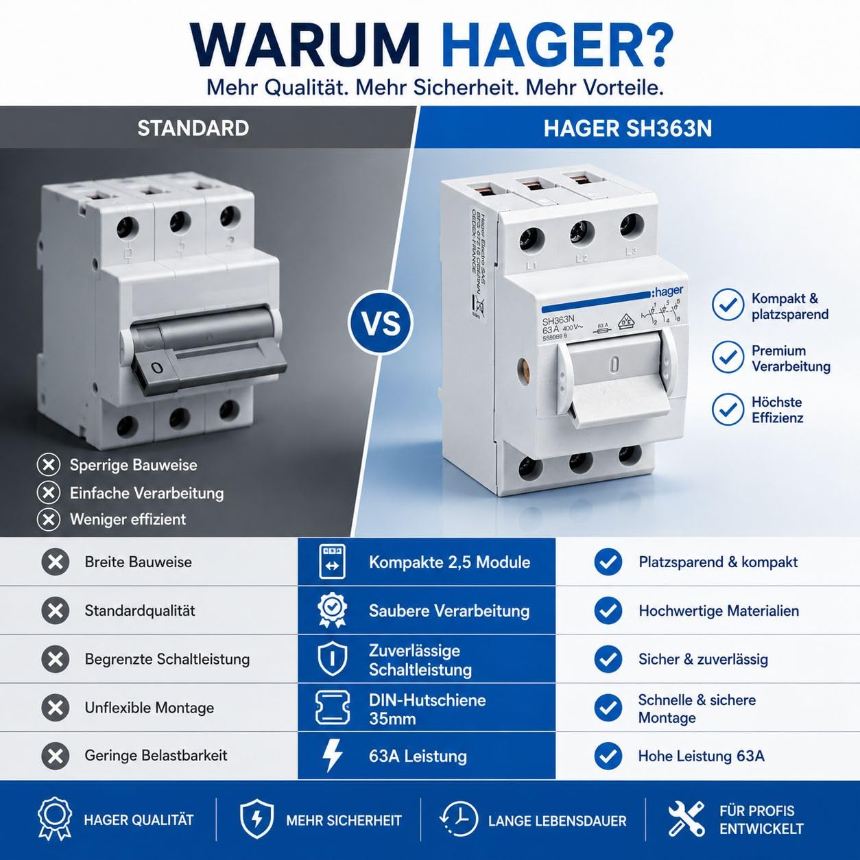 Hager SH363N Hauptschalter 63A 3-polig für Hutschiene, Ausschalter 400V AC, Kompaktschalter für Unterverteilung Hauptverteilung Schaltschrank DIN-Schiene 35mm 3x63 Ampere