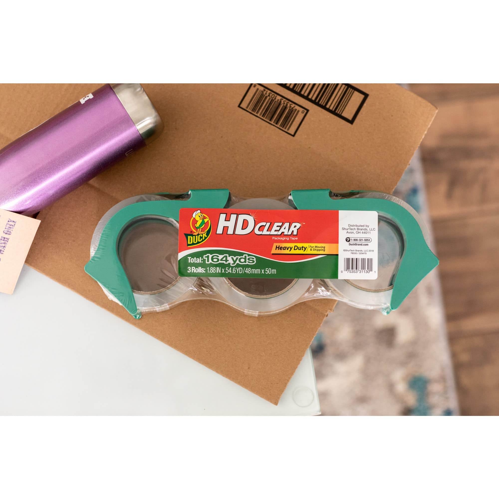 Duck® HD Clear™ Ruban adhésif d'emballage robuste, avec distributeur, 4,8 cm x 40 m, transparent