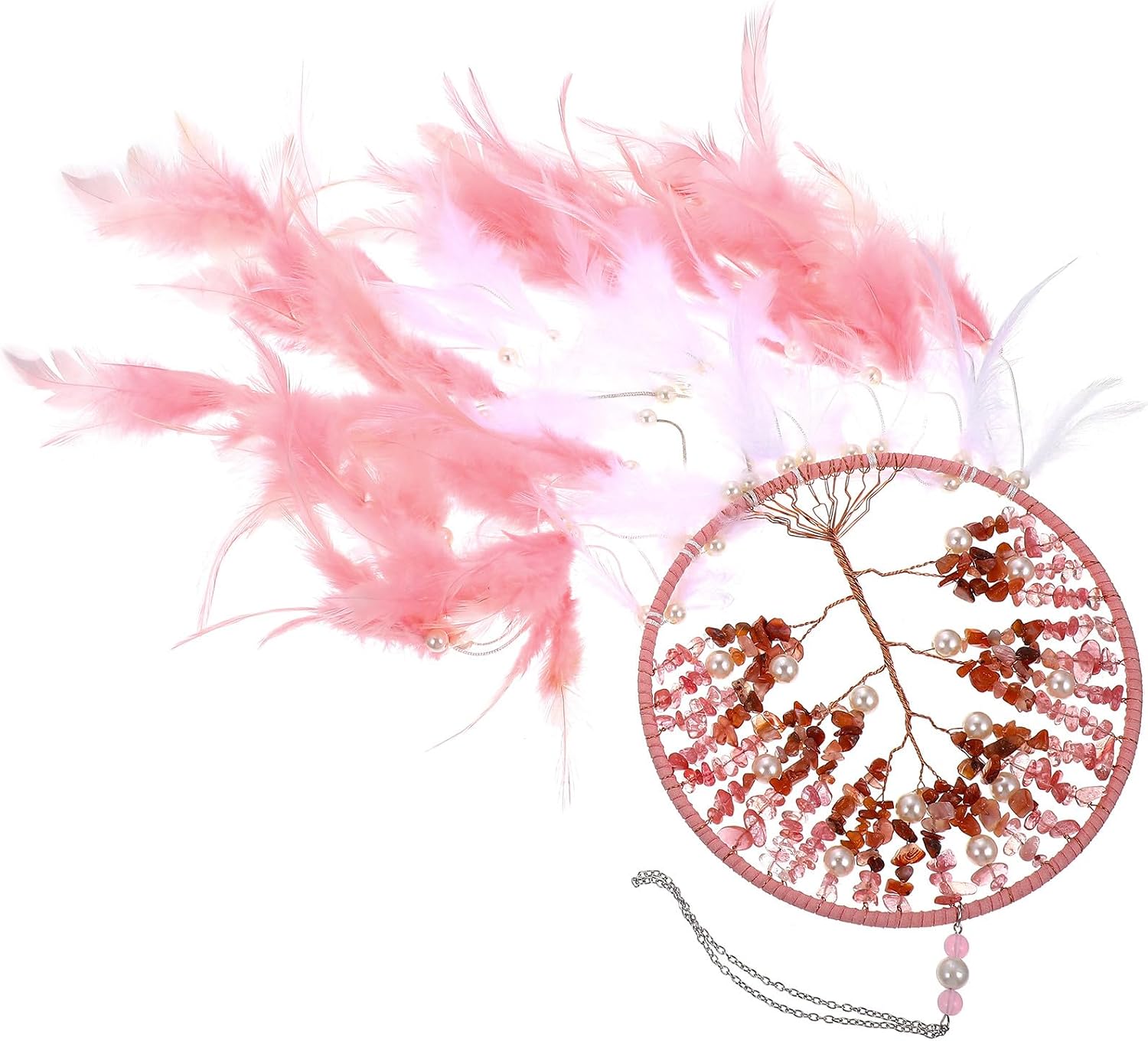 Alipis Pink Plume Dream Catcher Hanging Ornament with Tree of Life Design, Handmade Wall and Window Decor, Creative Home Pendant for Living Room and Bedroom