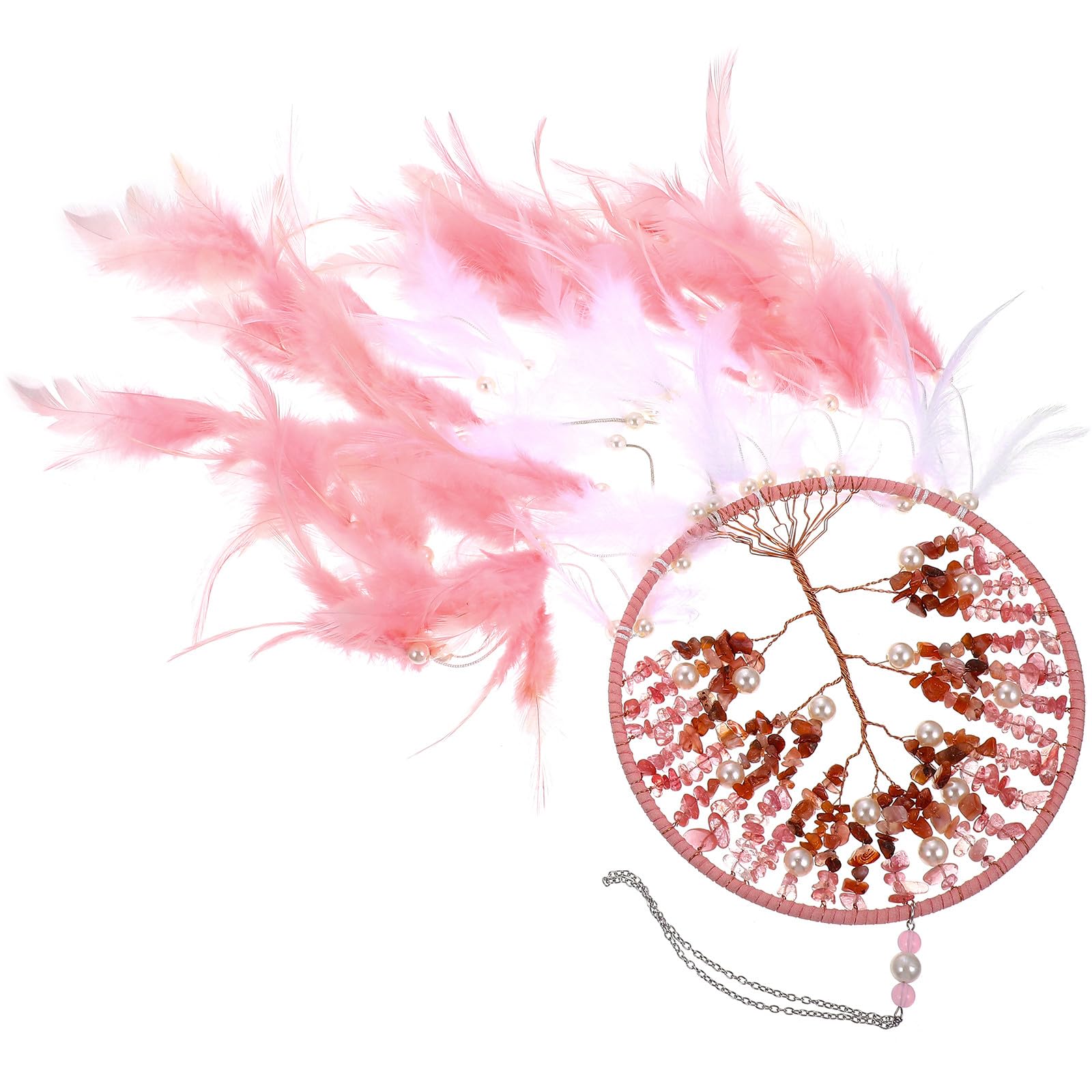Attrape-rêves artisanal avec plumage rose et tissage Arbre de Vie