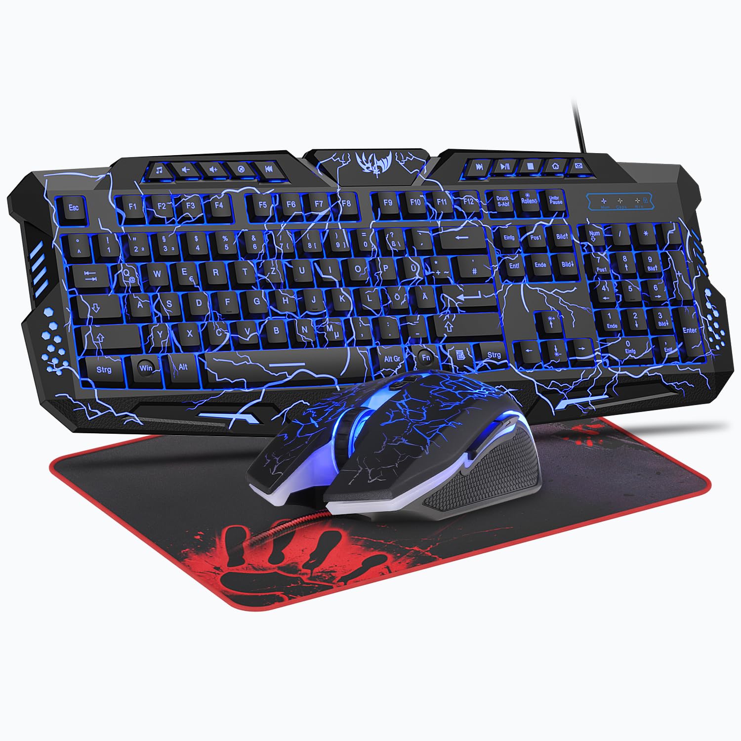 QWERTZ DE - Set tastiera e mouse da gioco, 114 tasti, tastiera retroilluminata a LED, mouse da gioco ergonomico a 4 colori, grande tappetino per mouse, USB per PC PS5 Xbox
