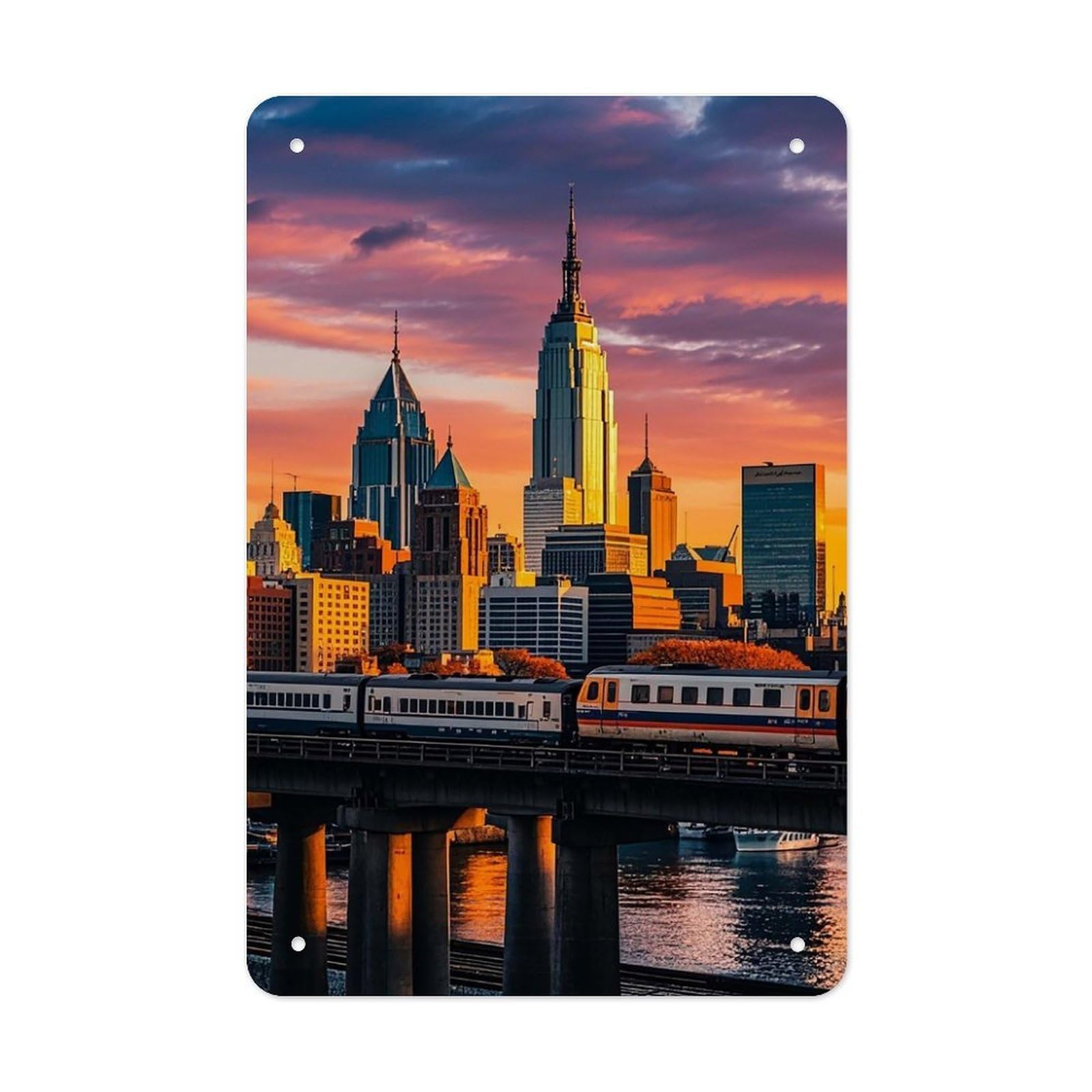 QMNLKH Sunset Bridge Skyscraper Plaques for Wall Decor, Personalized Metal Tin Sign for Home, Multifunctional Poster for Office, Fashion Painting for Hallway, Wall Art Pictures, 7.9x11.8Inch