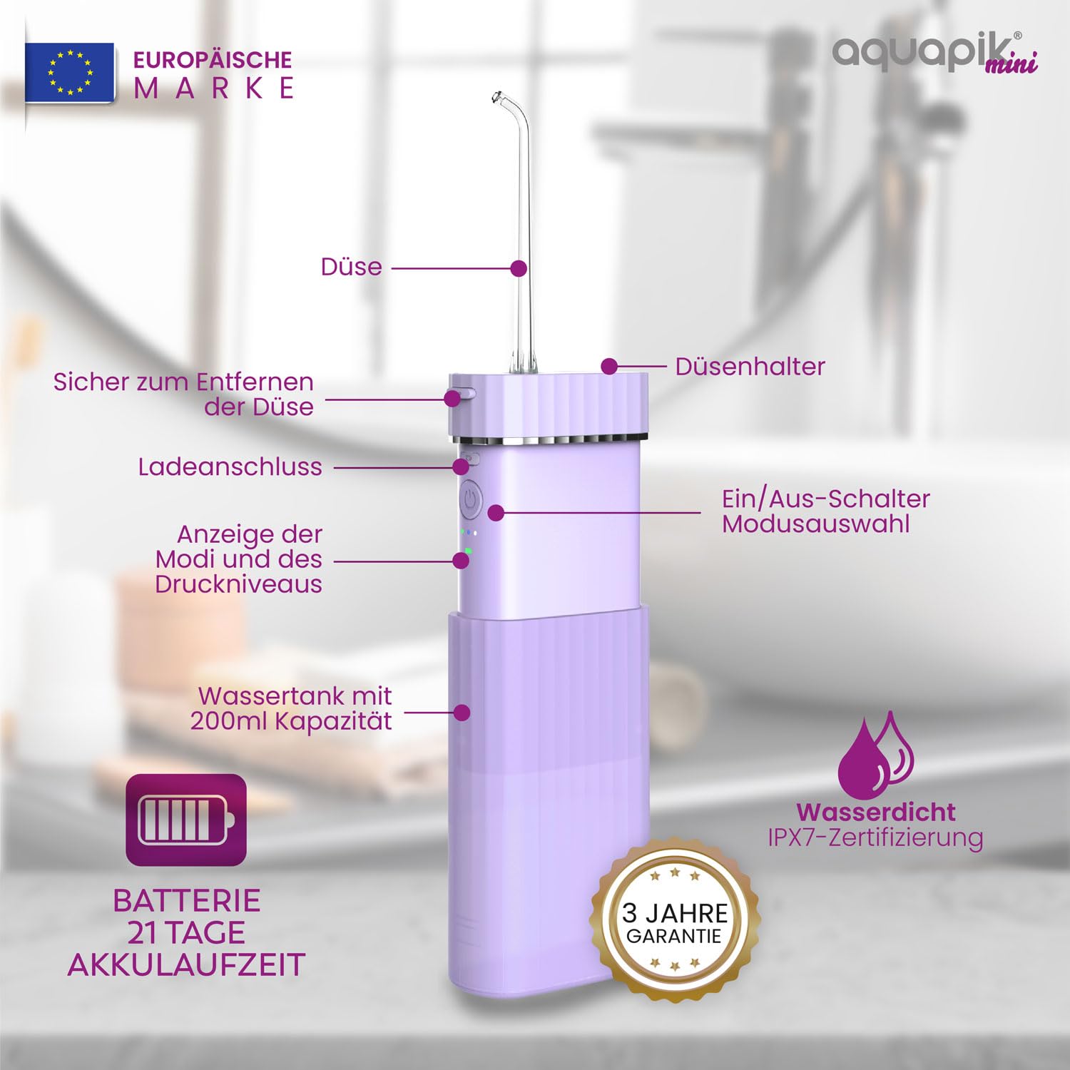 Aquapik Mini tragbare kabellose elektrische Munddusche Oral Irrigator 200 ml IPX8 USB-C 3 Druckstufen
