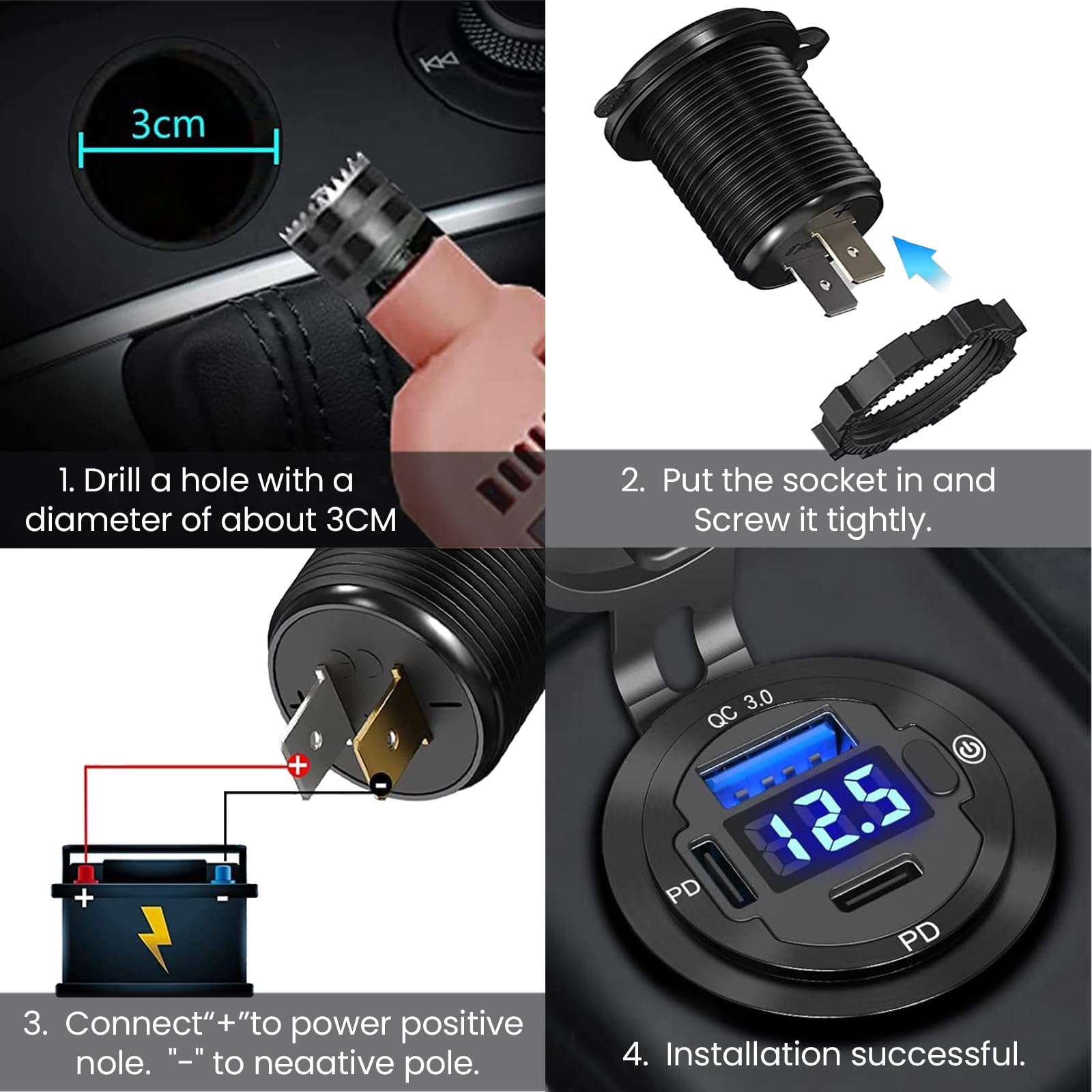 Enchufe USB de 12 V para coche, 3 puertos, aluminio marino, carga rápida, impermeable, salida USB C de 12 V para coche, carrito de golf, barco, autobús, camión, RV, motocicleta, etc. (2PD+1QC (paquete