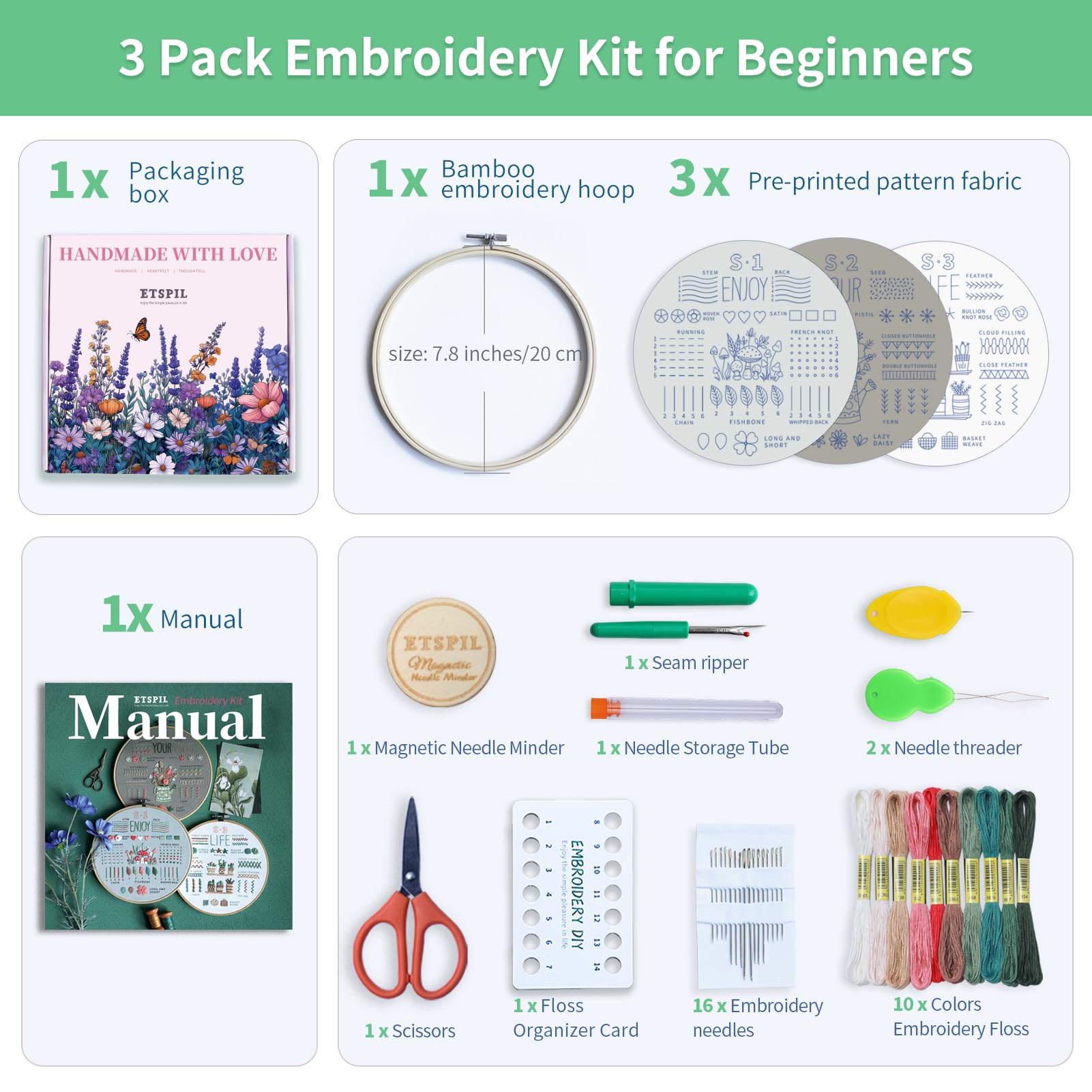3 Sets Embroidery kit for Beginners Adults,Learn 33 Different Stitches DIY Kits ,Includes Stamped Flower Pattern, Hoop, Color Threads,Tools,Easy to Follow Instruction & Video… (Simple B)