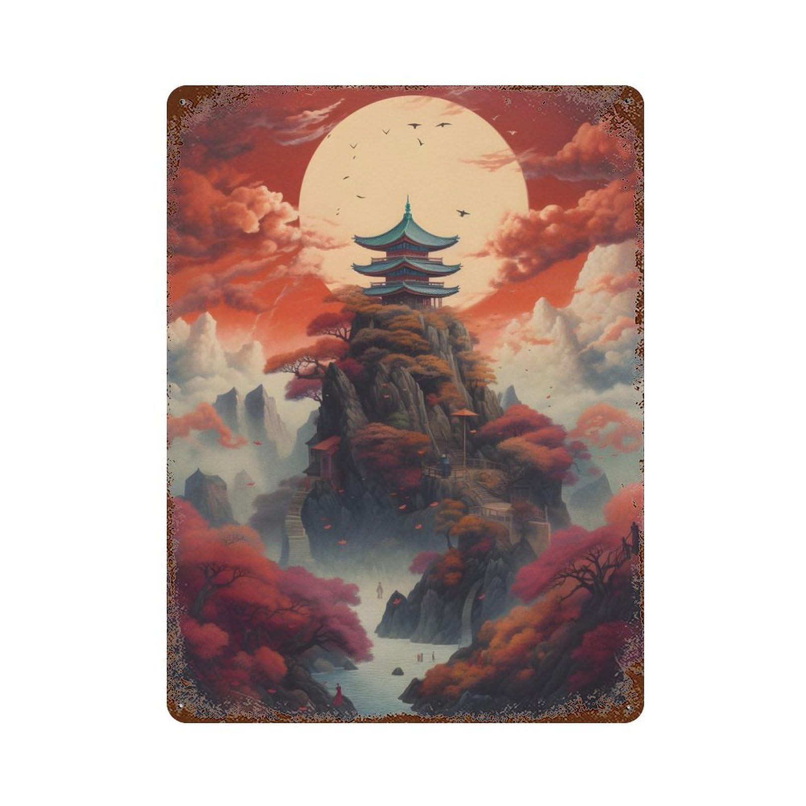 Rustic Tin Plaque with Fantasy Moonlight Japan 07 Design 15.7"x11.8", for Cafe, Home Bar And Lounge Decor, Industrial Home Decor