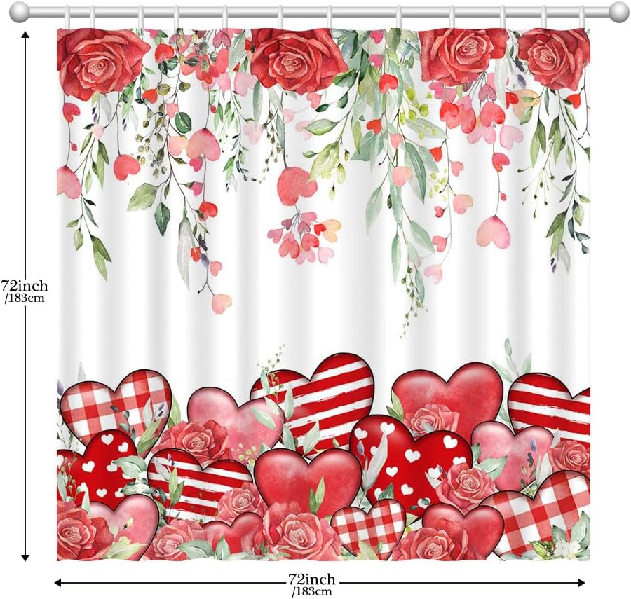 Lofaris Valentine's Shower Curtain – 72x72 Inches Waterproof Fabric with Red Heart and Rose Design, Bathroom Decor for Valentine's, Includes 12 Hooks image 4