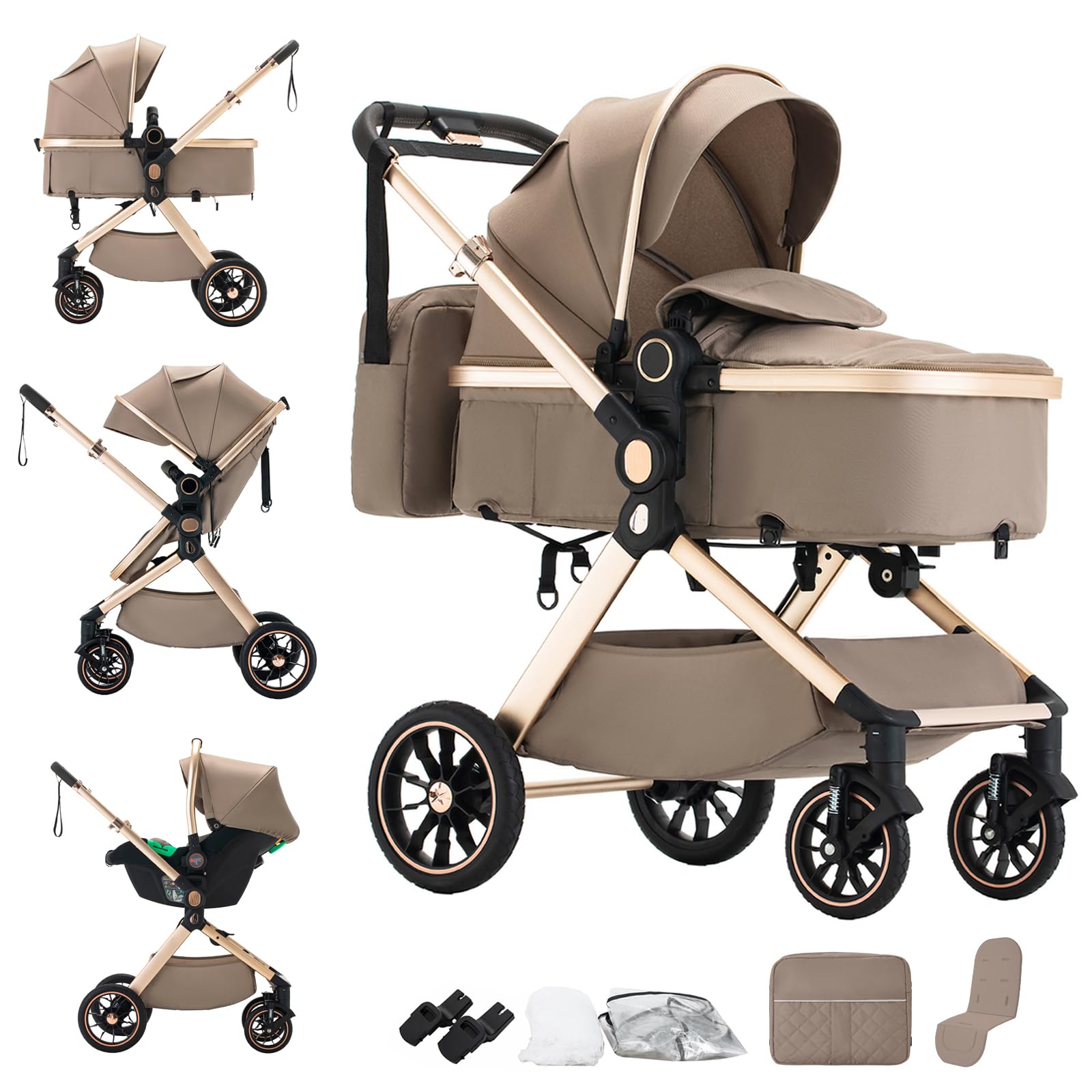 Carrozzina 3 in 1 set completo, da 0 a 4 anni, fino a 0-22 kg, carrozzina combinata Sistemi da viaggio per neonati e bambini piccoli (BROWN-U9-X, U9-X Regolabile in due direzioni)