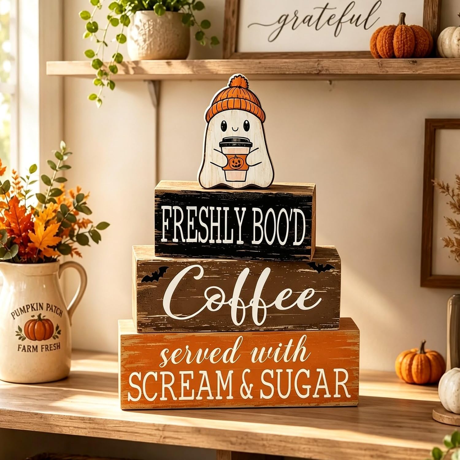 JarThenaAMCS Halloween Coffee Table Decor Ghost Wooden Coffee Bar Sign image 5