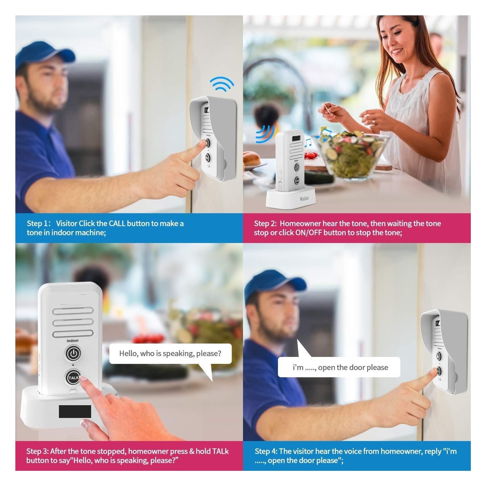 THikk Sonnette électronique sans Fil, portée de 1/2 Miles, interphone for Carillon de Porte, Intercomunicador Rechargeable, Carillon électronique étanche(1T2 Set White,UK Plug)