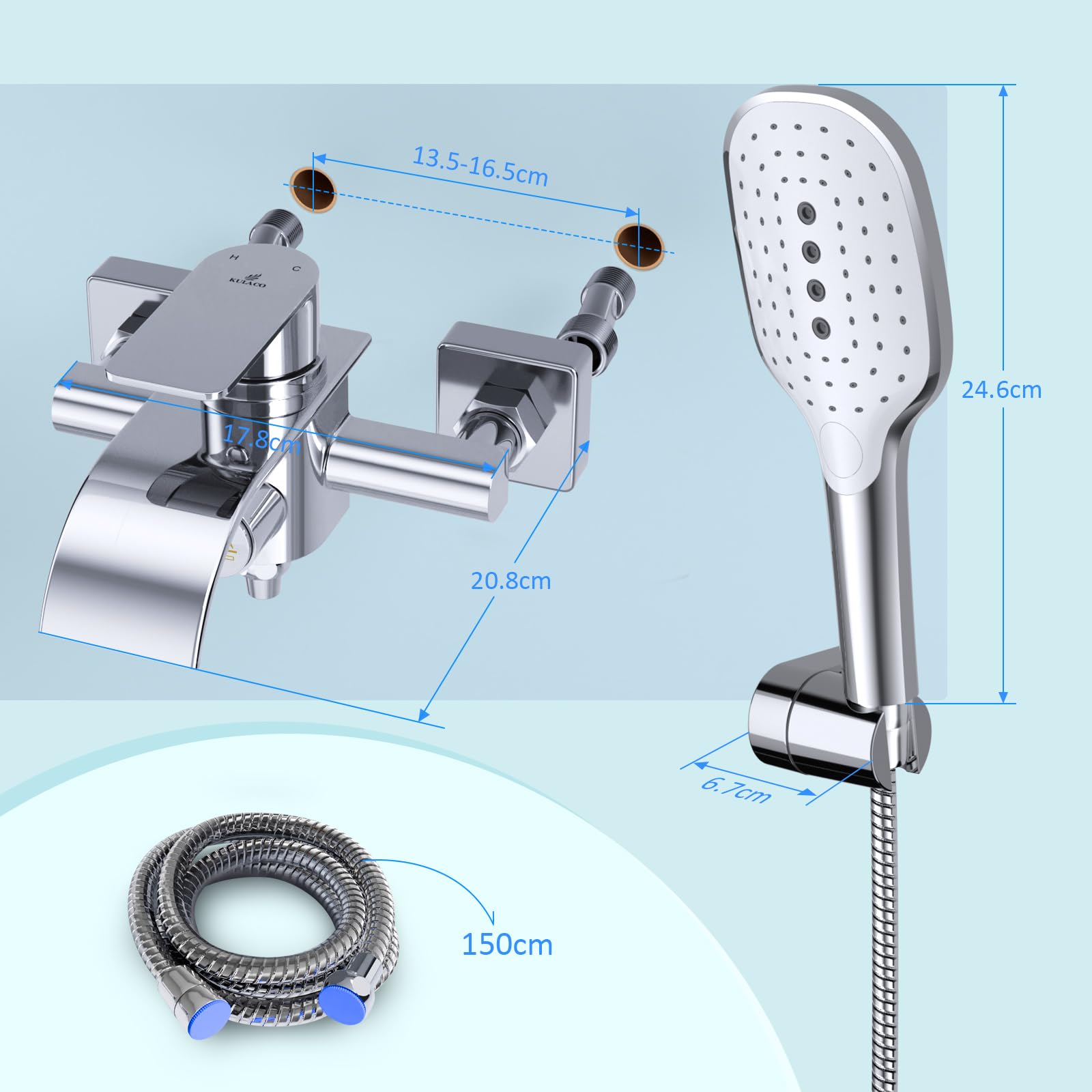 Rubinetti Doccetta Bagno Rubinetto Vasca Con Doccetta A Mano - Miscelatore Monocomando, Effetto Cascata, 3 Funzioni, Ottone Cromato Rubinetti Per Vasca A Cascata - Foto 6