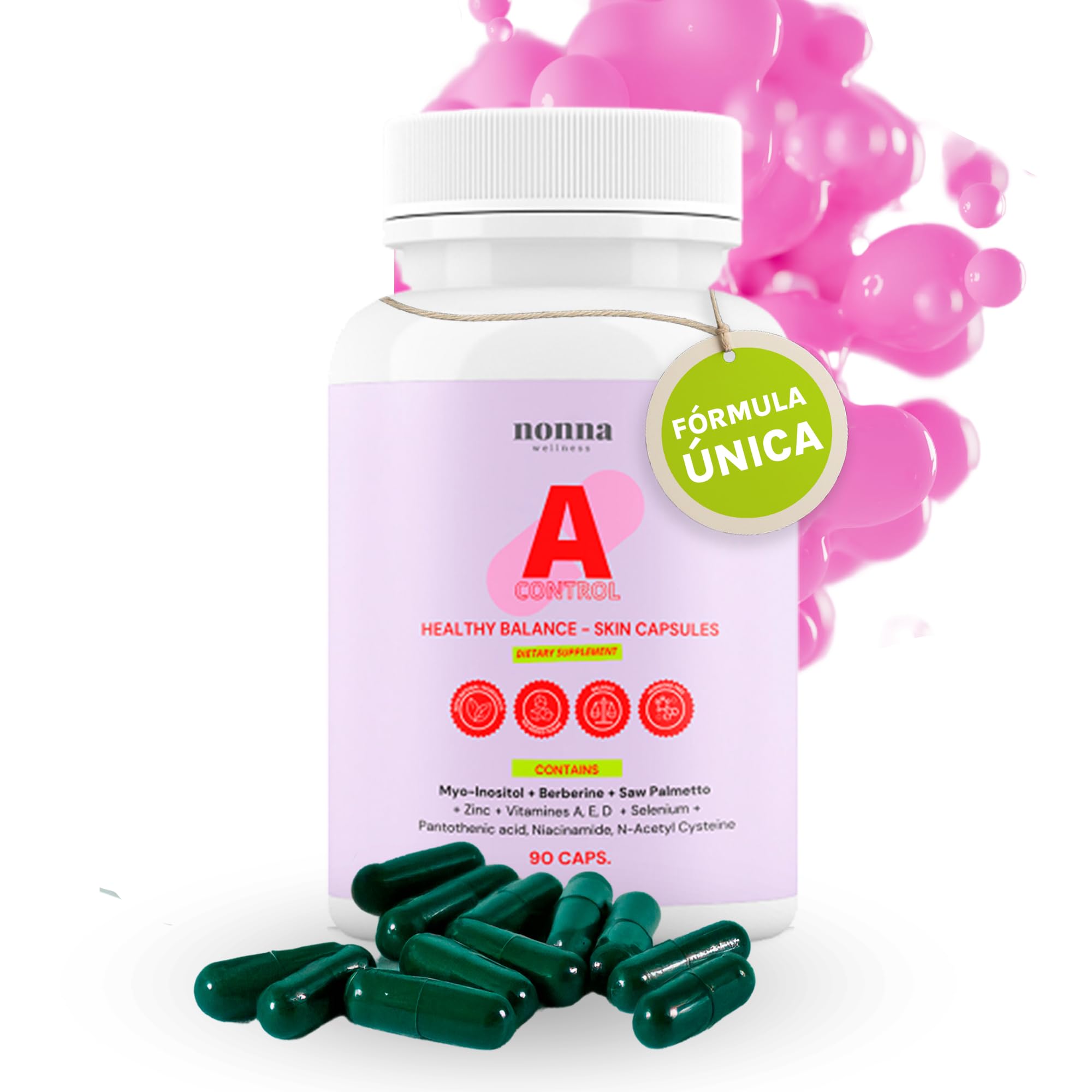 Myo-Inositol + Zinc + Berberina - 11 Activos - Trata el Acné Hormonal | Equilibrio Hormonal Femenino - para Ciclos Irregulares y SOP - Reduce Caída del Cabello - 90 cápsulas | Nonna Cosmetics