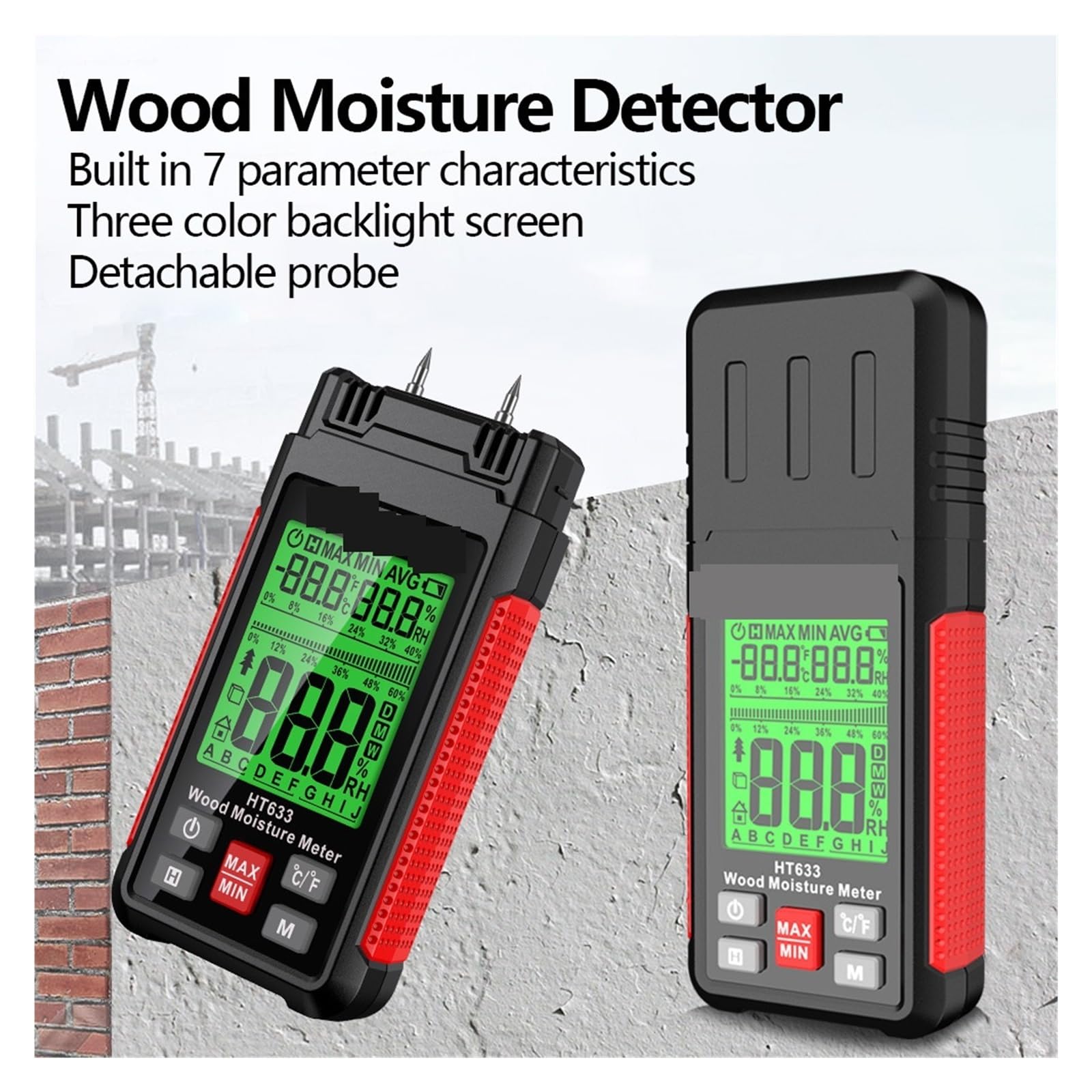 Medidor de Humedad, HT633 Medidor de humedad digital Probador de humedad de madera Higrómetro 0~57% Detector de humedad de madera Pantalla LCD
