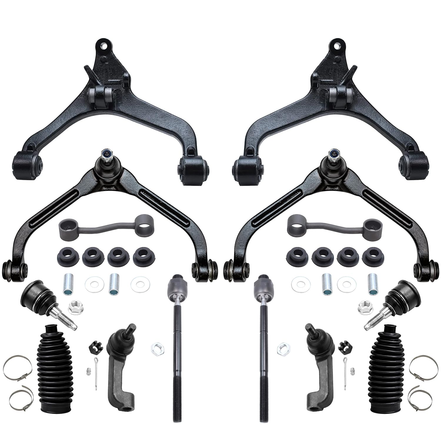 Detroit Axle - 2.4L & 3.7L Front End 14pc Suspension Kit for 02-04 Jeep Liberty 2002 2003 2004, Upper Lower Control Arms Ball Joints Sway Bars Inner Outer Tie Rods Boots Replacement