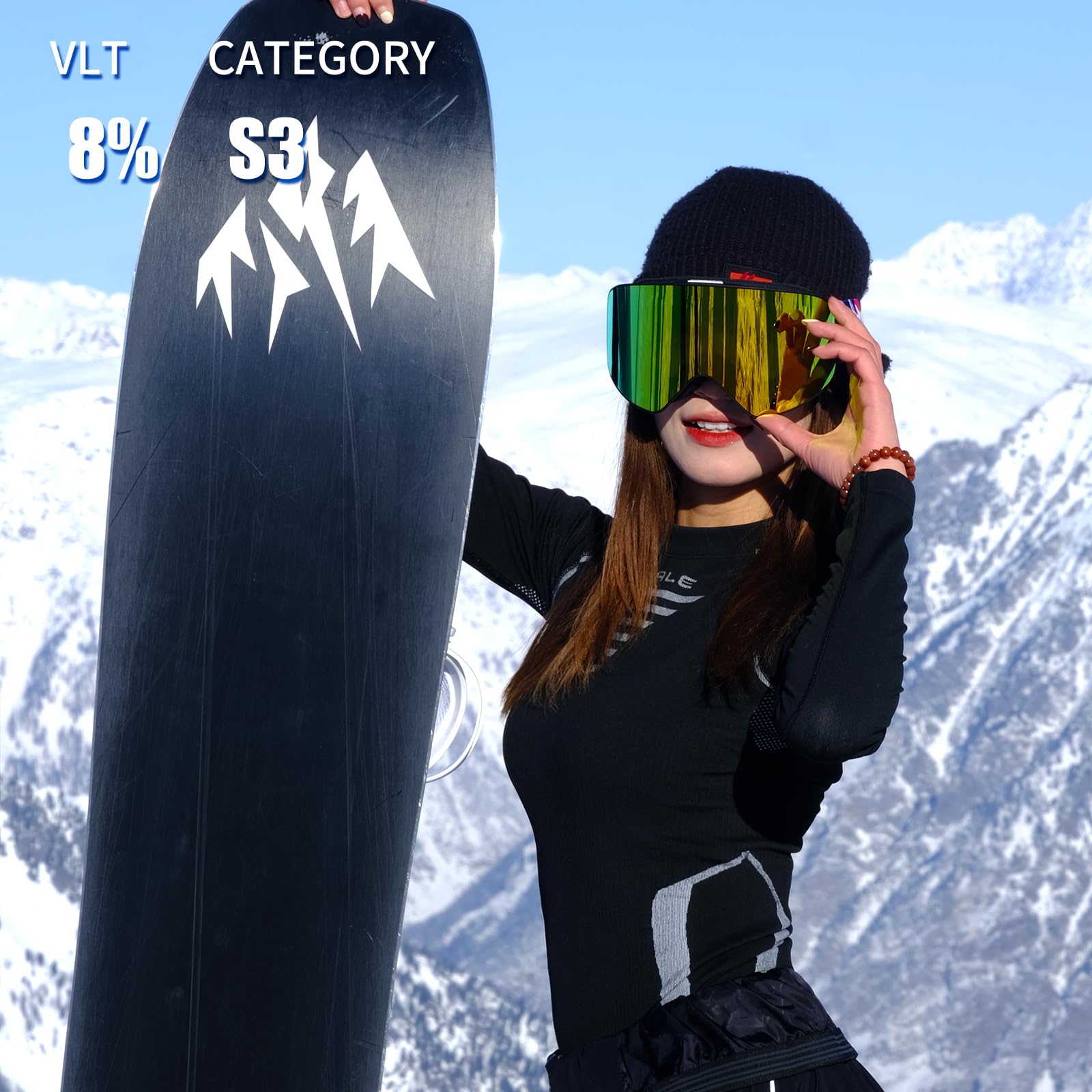 Whale Lunettes de ski OTG anti-buée sans monture pour homme, femme et jeune – Protection UV à 100 %