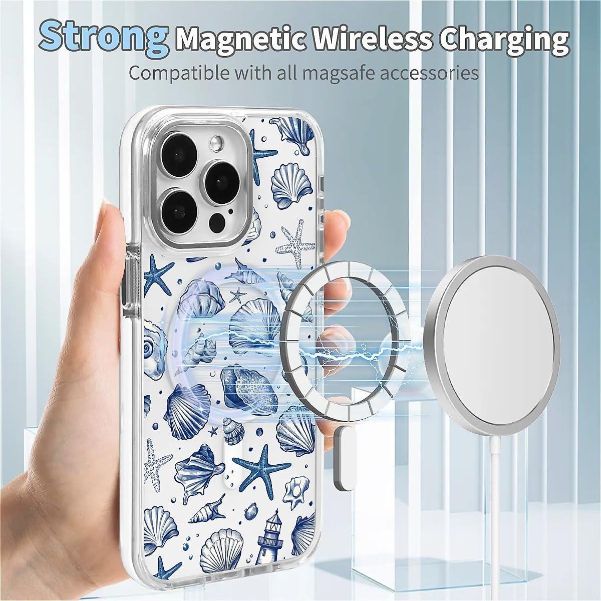 Funda para iPhone 15 [compatible con Magsafe], funda magnética transparente de silicona a prueba de golpes con patrón de concha de estrella de mar de verano