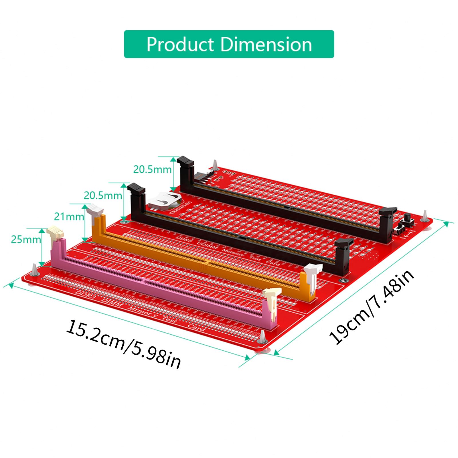 Testeur de mémoire DDR3/4/5 RDIMM/UDIMM avec indicateurs LED, Bouton d'alimentation USB-C et Carte mémoire DDR3/4/5 pour Ordinateur.