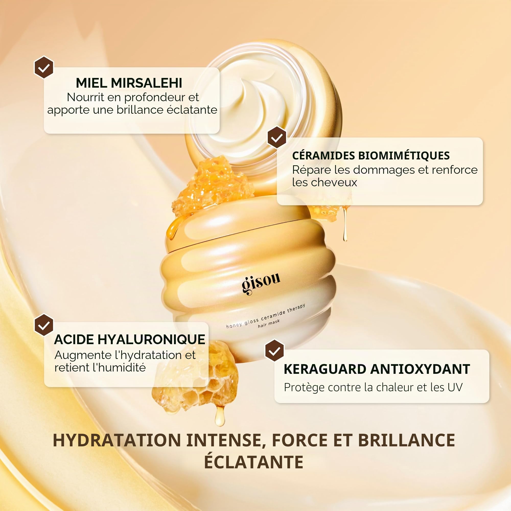 Gisou Honey Gloss Ceramide Therapy Mini masque capillaire – Réparation en profondeur et hydratation avec miel Mirsalehi, céramides et acide hyaluronique, 73,9 ml