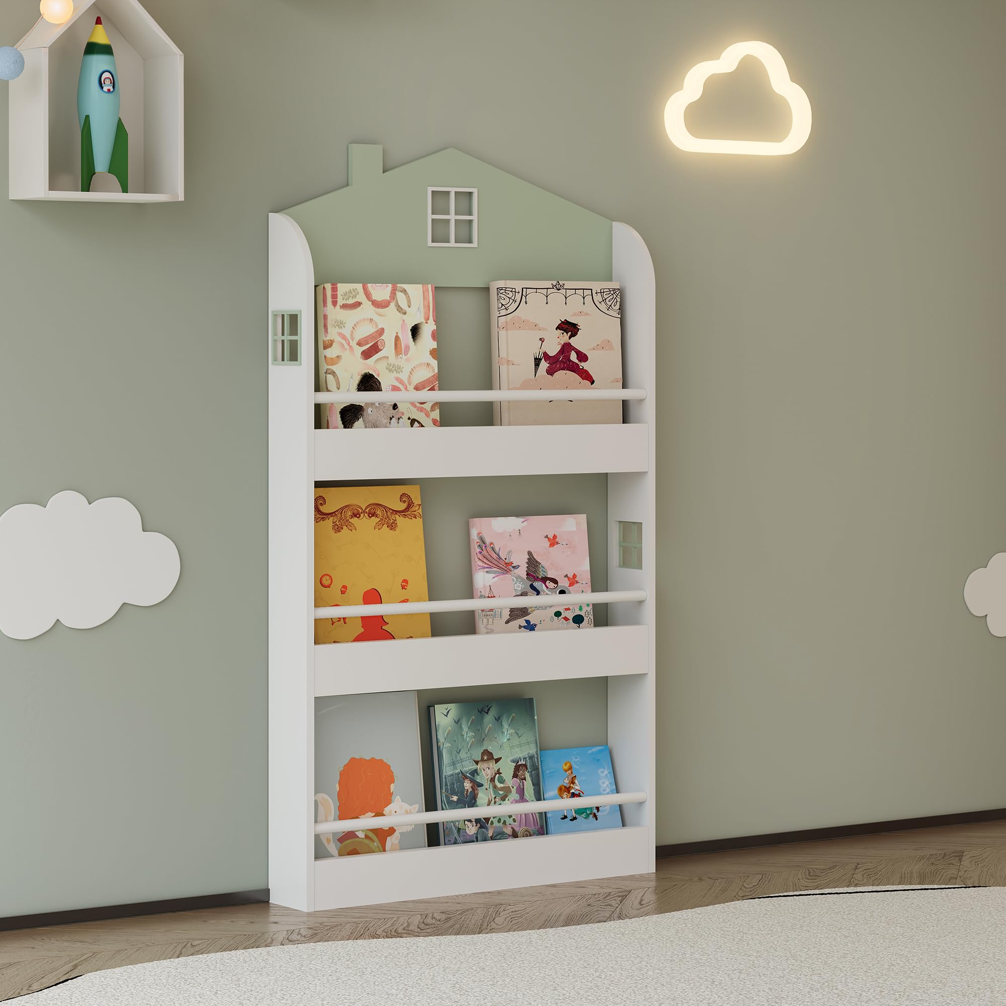 [en.casa] Libreria Frontale per Bambini Scaffale per Cameretta Design a Casetta con Barre Anticaduta Montaggio a Parete o a Terra 106x60x12 cm Menta Verde/Bianco
