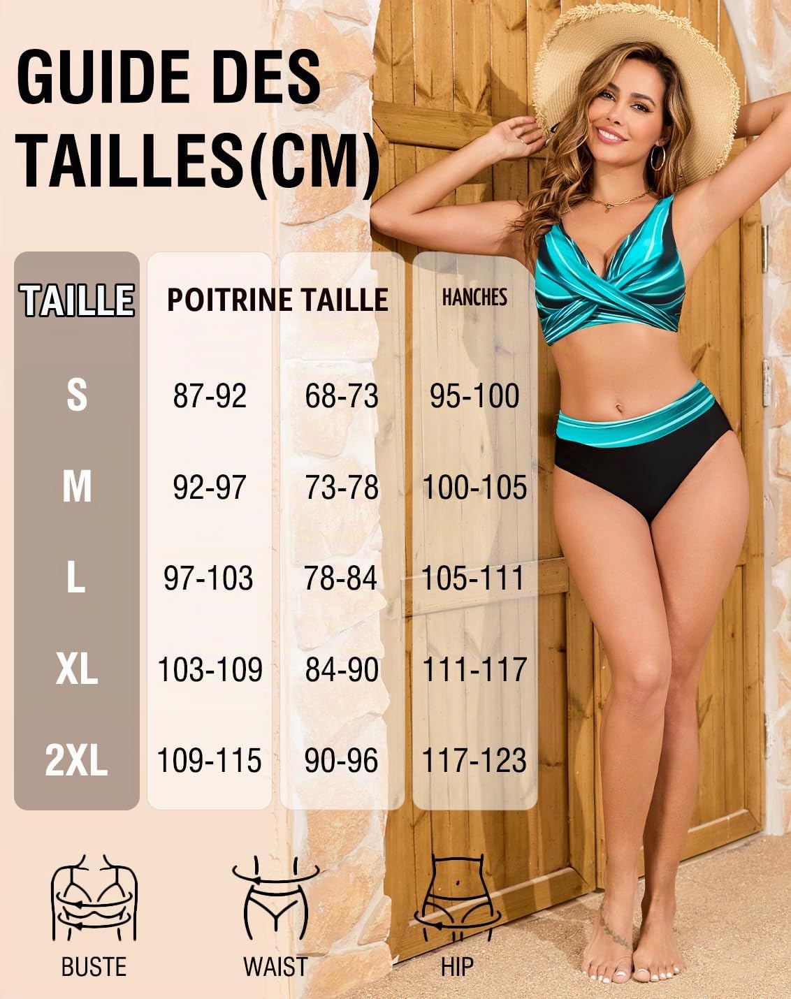 Maillots de Bain Femme 2 Pièces Push-up Taille Haute Ensembles Bikini Deux Pièces, Croisé sur Le Devant, Col V Bikini Set, Rembourré Beachwear Été