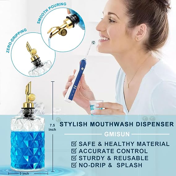 Mouthwash Dispenser for Bathroom, Luxury Diamond Glass Mouth Wash Container, 2 Pack Glass Mouthwash Dispenser Bottles with Cups, Auto-Flip Mouthwash Decanter, 12 Fl Oz