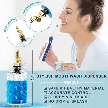 Mouthwash Dispenser for Bathroom, Luxury Diamond Glass Mouth Wash Container, 2 Pack Glass Mouthwash Dispenser Bottles with Cups, Auto-Flip Mouthwash Decanter, 12 Fl Oz