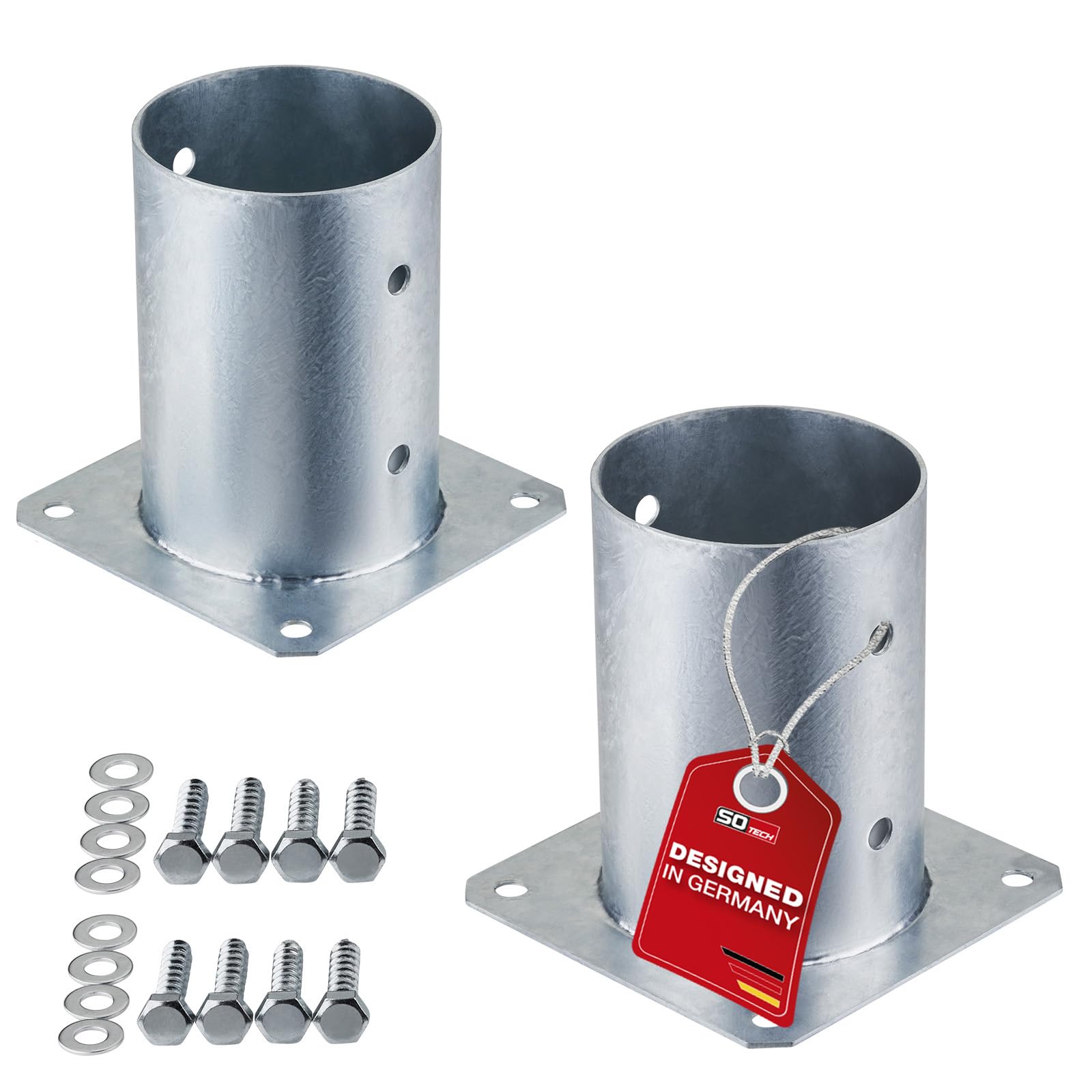 SOTECH JUEGO de 2 anclajes roscados, redondos Ø 100 mm, 152 mm de altura, acero galvanizado en caliente, toma de tierra para madera redonda - ideal para uso en exteriores