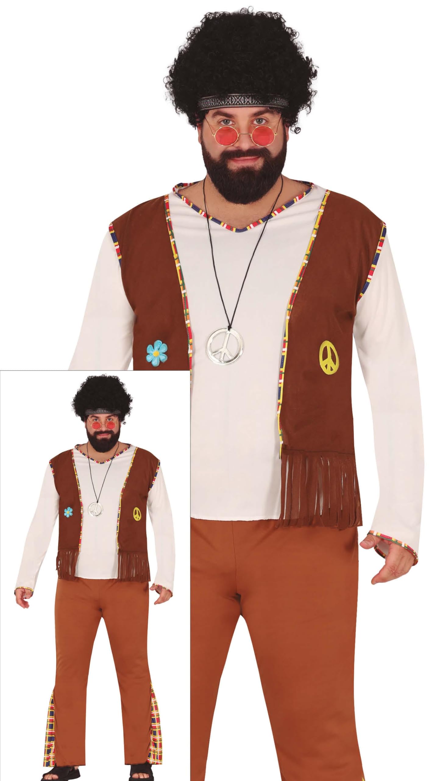 FIESTAS GUIRCA Woodstock Hippie Mens Fancy Dress Costume - 70s Mens Outfit - 60s Hippie Fancy Dress Men Size S 36-38