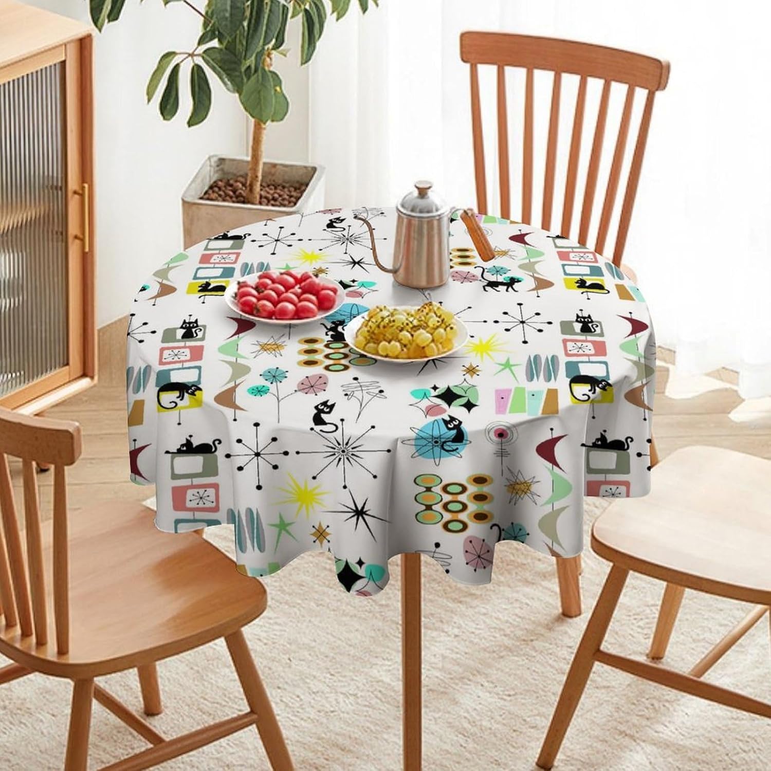 Mid Century Tablecloth,Abstract Geometric Vintage Cute Cat Modern Art Round Table Cover for Indoor Outdoor Party Picnic Dining Room Kitchen Table Cover Home Decoration 60in
