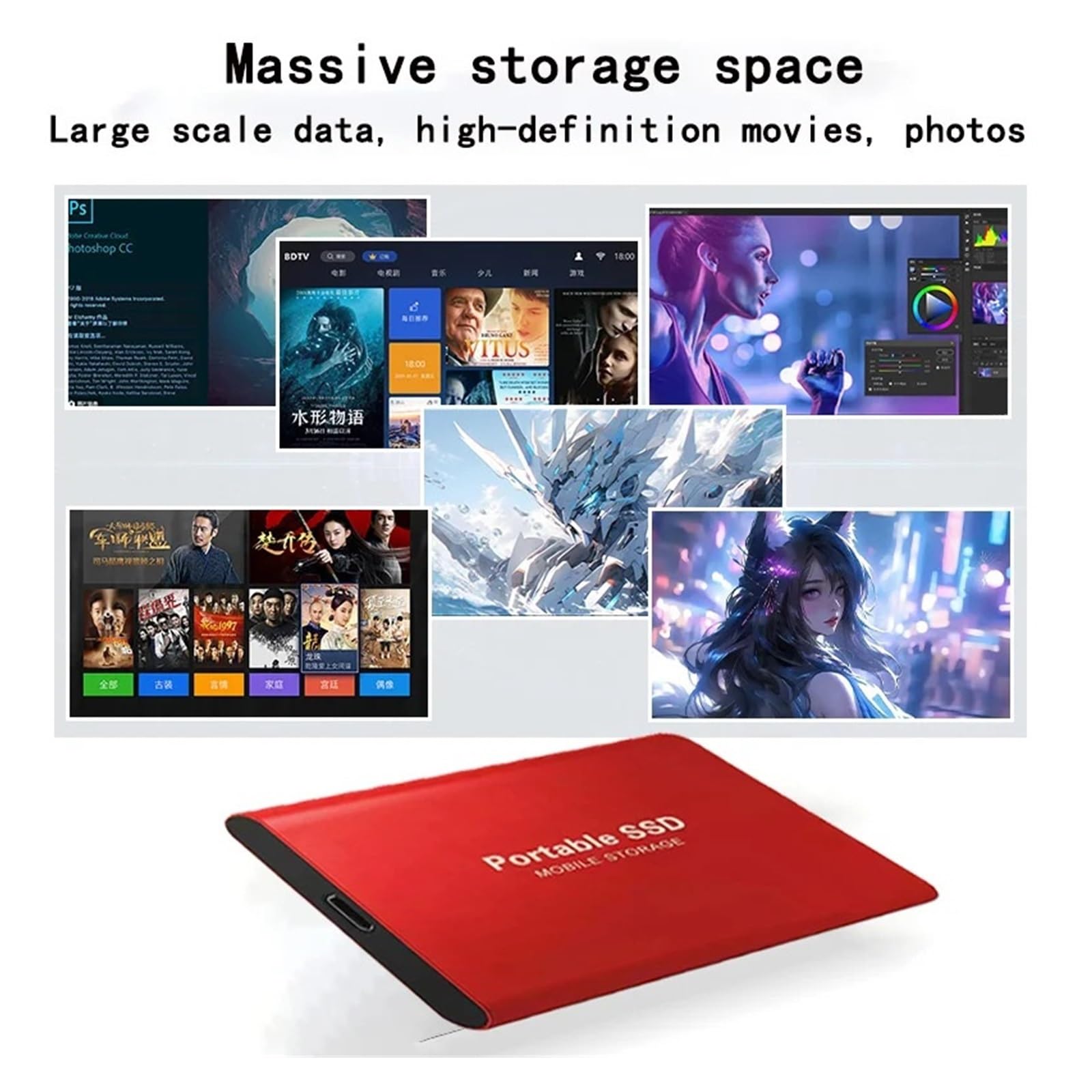 Dysk twardy 2 TB Przenośny dysk SSD Szybki zewnętrzny dysk twardy 128 TB USB 3.1 Type-C Dysk półprzewodnikowy do laptopa/telefonu/MAC(Red 2TB)