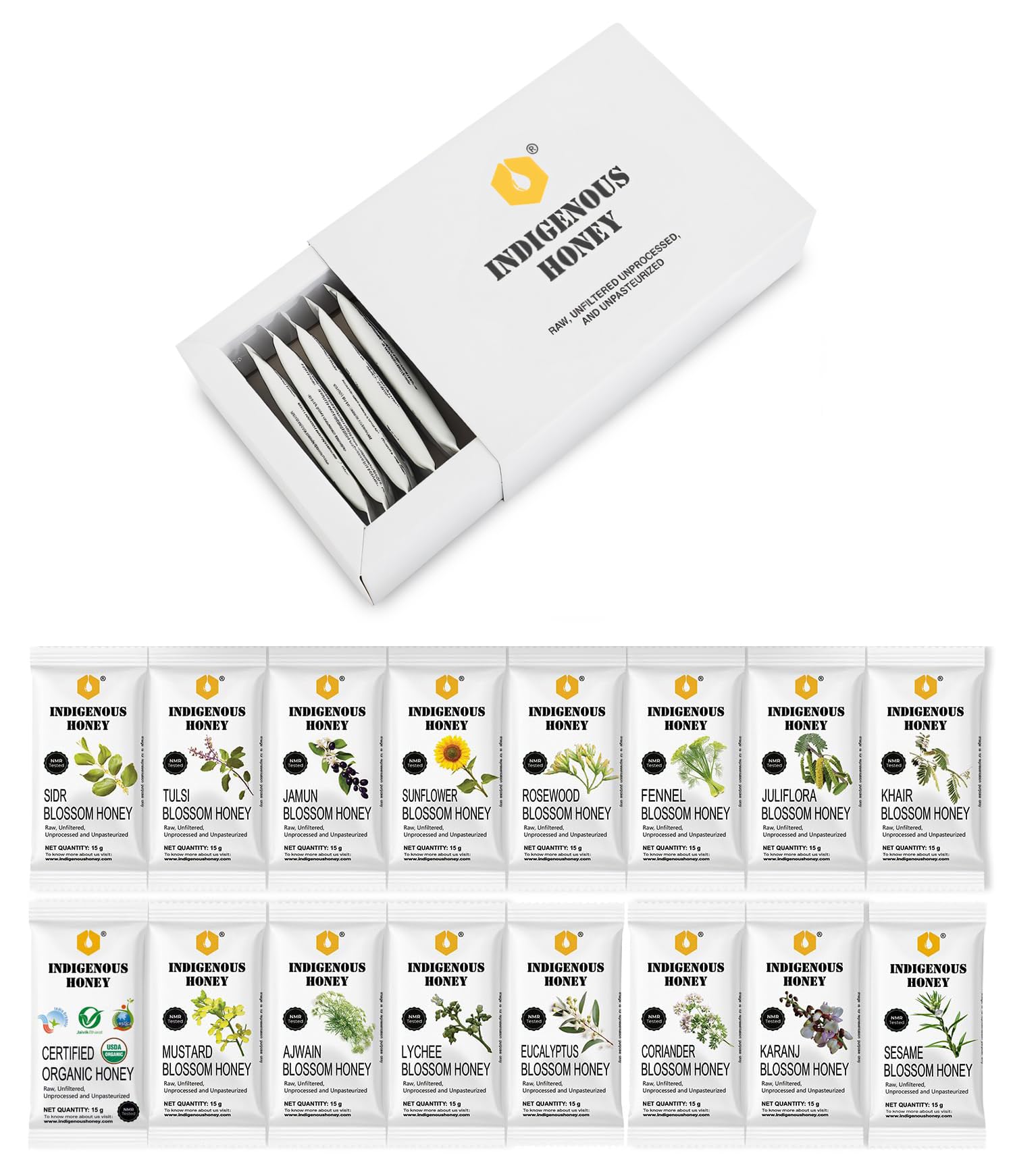 16 Gift Sachets Small Pouch Raw Natural Honey - Organic Wild, Pure Tulsi, Unprocessed Ajwain, Mustard, Lychee, Coriander, Fennel, Sesame, Juliflora and more - 15g Each, Total 240g