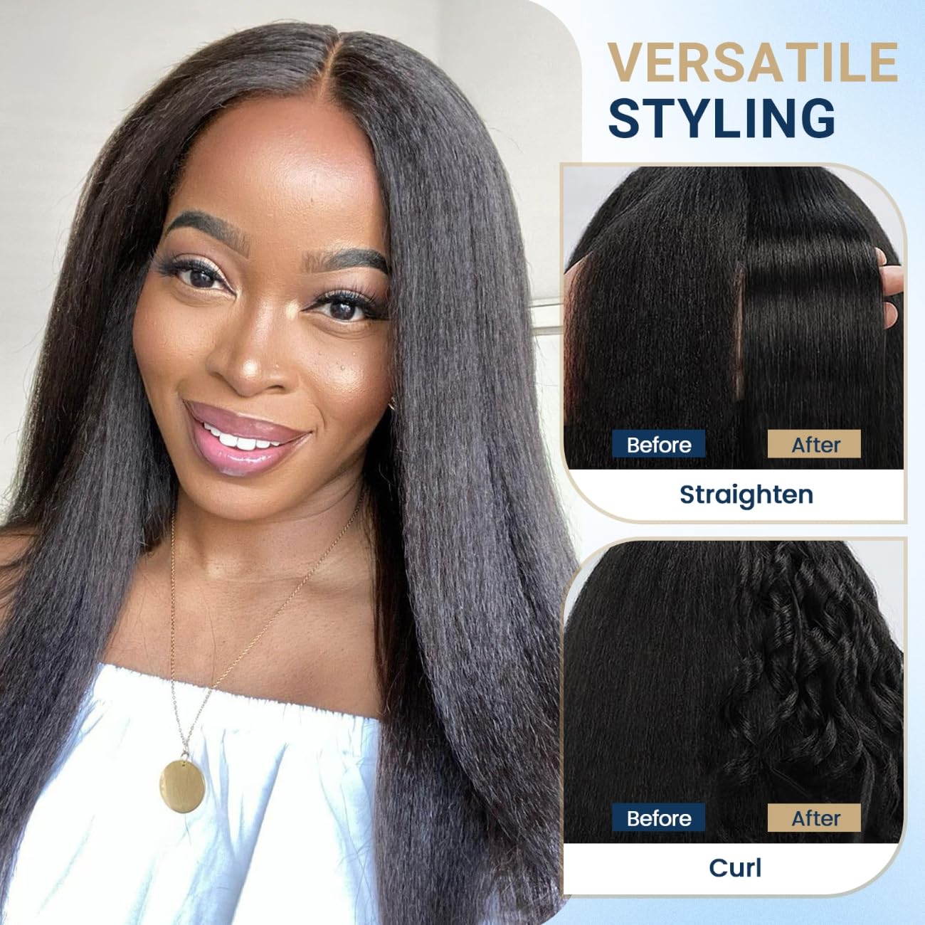 Kinky Straight Lace Front Wig Pre Plucked 13x6 Synthetic Lace Front Wigs for Black Women Long Yaki Synthetic Wig Soft & Natural as Human Hair Natural Black 22 Inch