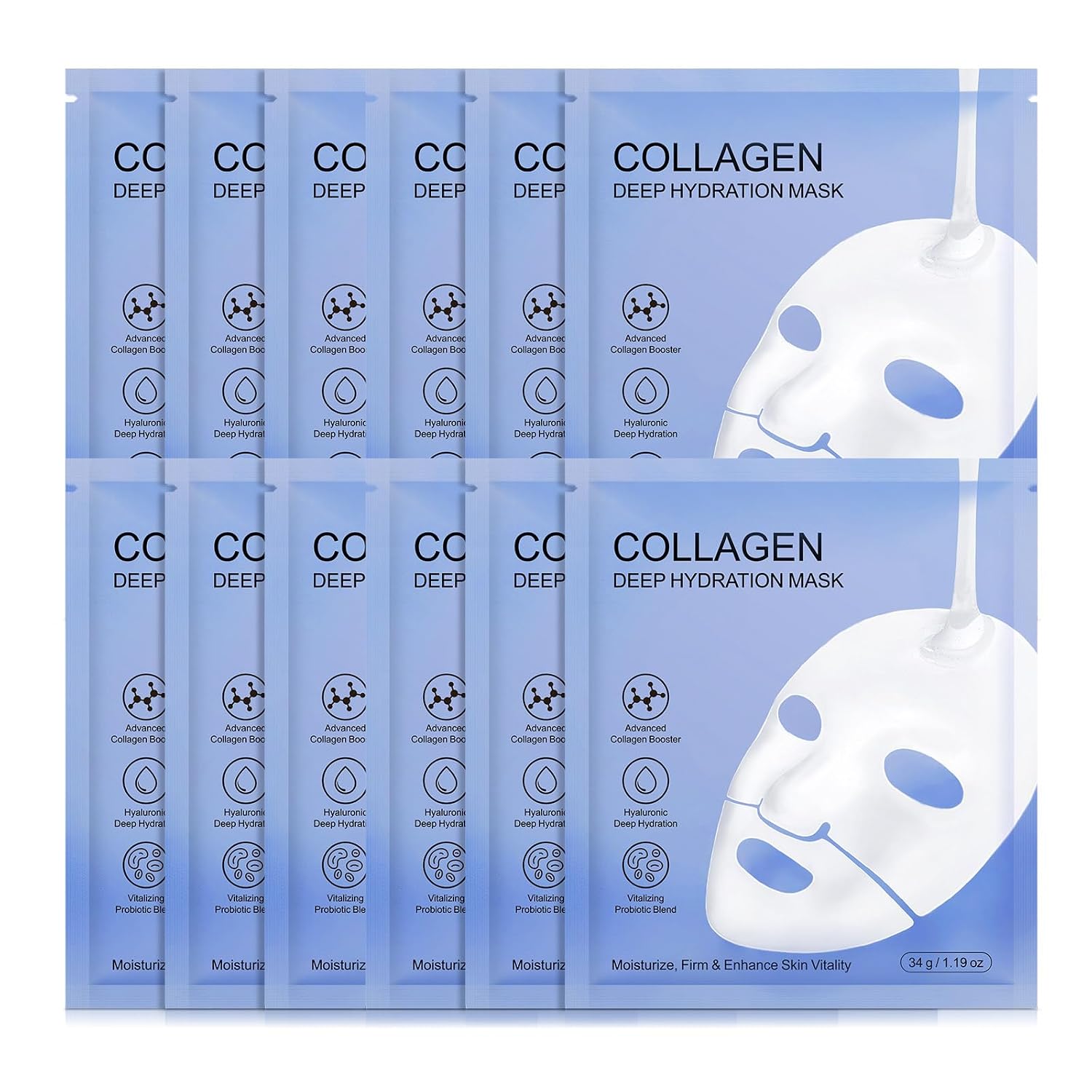 collagen mask,face masks skincare Firming Collagen Mask with Collagen Peptides for Anti-Aging,Facial Hydrogel Masks with low molecular weight collagen for elasticity and moisturizing 12pcs