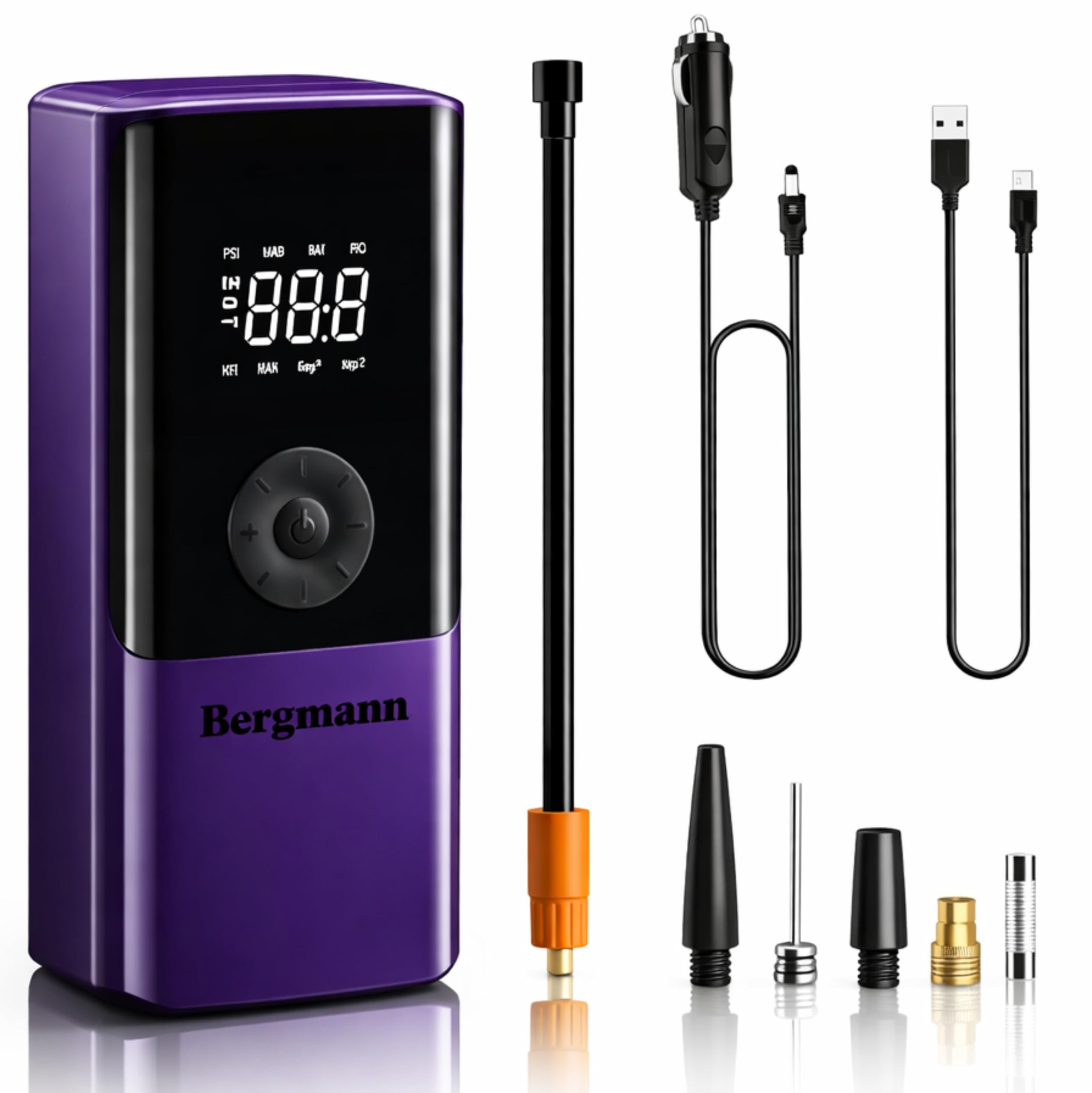 Bergmann VoltAir Cordless + Corded 2in1 Portable Tyre Inflator | 150 psi | 6000mAH Large Battery | LED Display | Power Bank | Type-C Port | for Cars, Bikes, Toys & Bicycles | Luxury Purple-picture-0