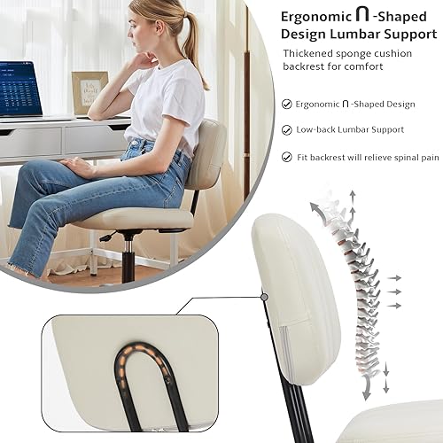 Miniatura 3 de Silla de escritorio sin brazos, silla pequeña de oficina en casa con ruedas, silla de trabajo de piel sintética con respaldo bajo con soporte