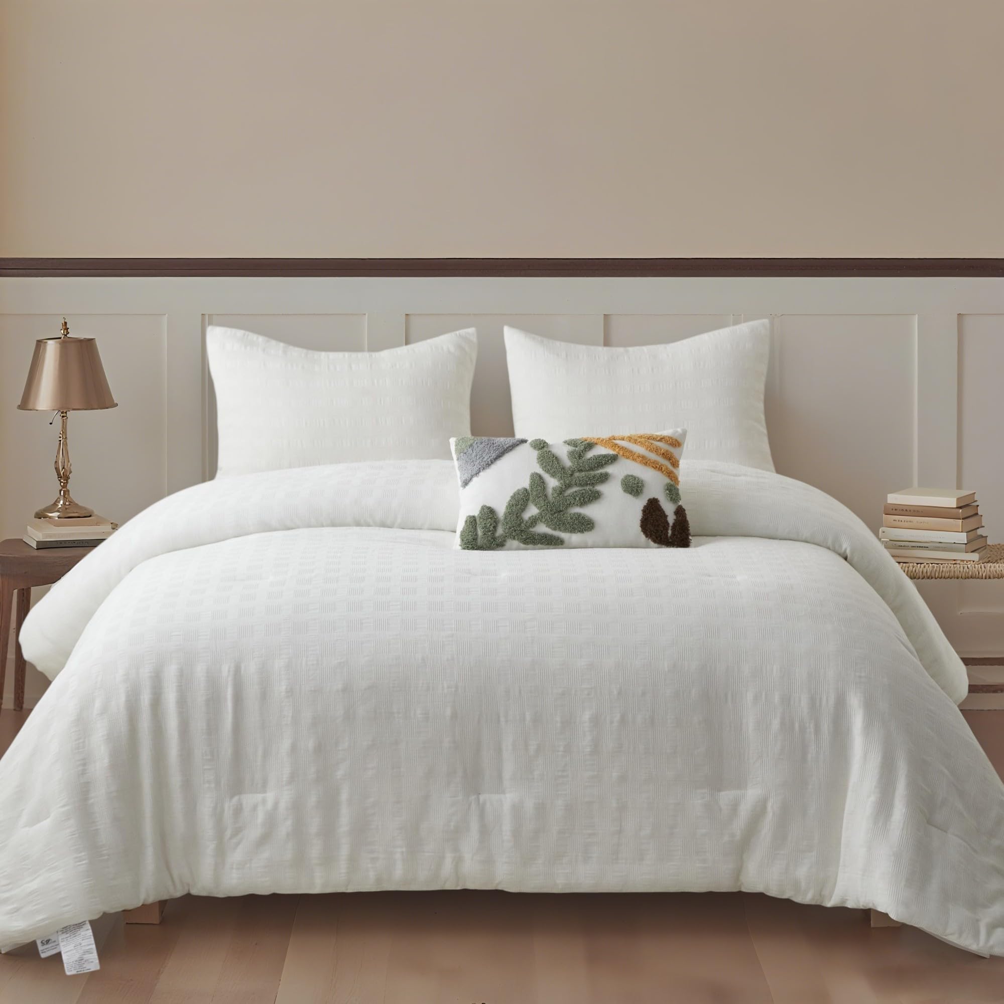 Simple&amp;Opulence 100% Cotton Waffle Weaving Comforter Set-3 Pieces Bedding Set(1 Comforter and 2 Pillowcases), Lightweight Soft Breathable Comforter Bed Sets for All Season(White, Queen)