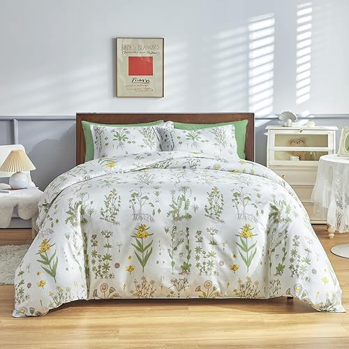 Miniatura 2 de UOZZI BEDDING Juego de funda de edredón floral blanco y verde, tamaño individual con 2 fundas de almohada, hojas verdes y flores amarillas, diseño