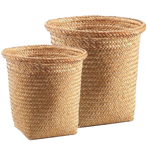 NOLITOY 2 cestas de basura tejidas de hierba marina, cesta de papel de basura de mimbre, contenedor de basura redondo de ratán para lavandería,