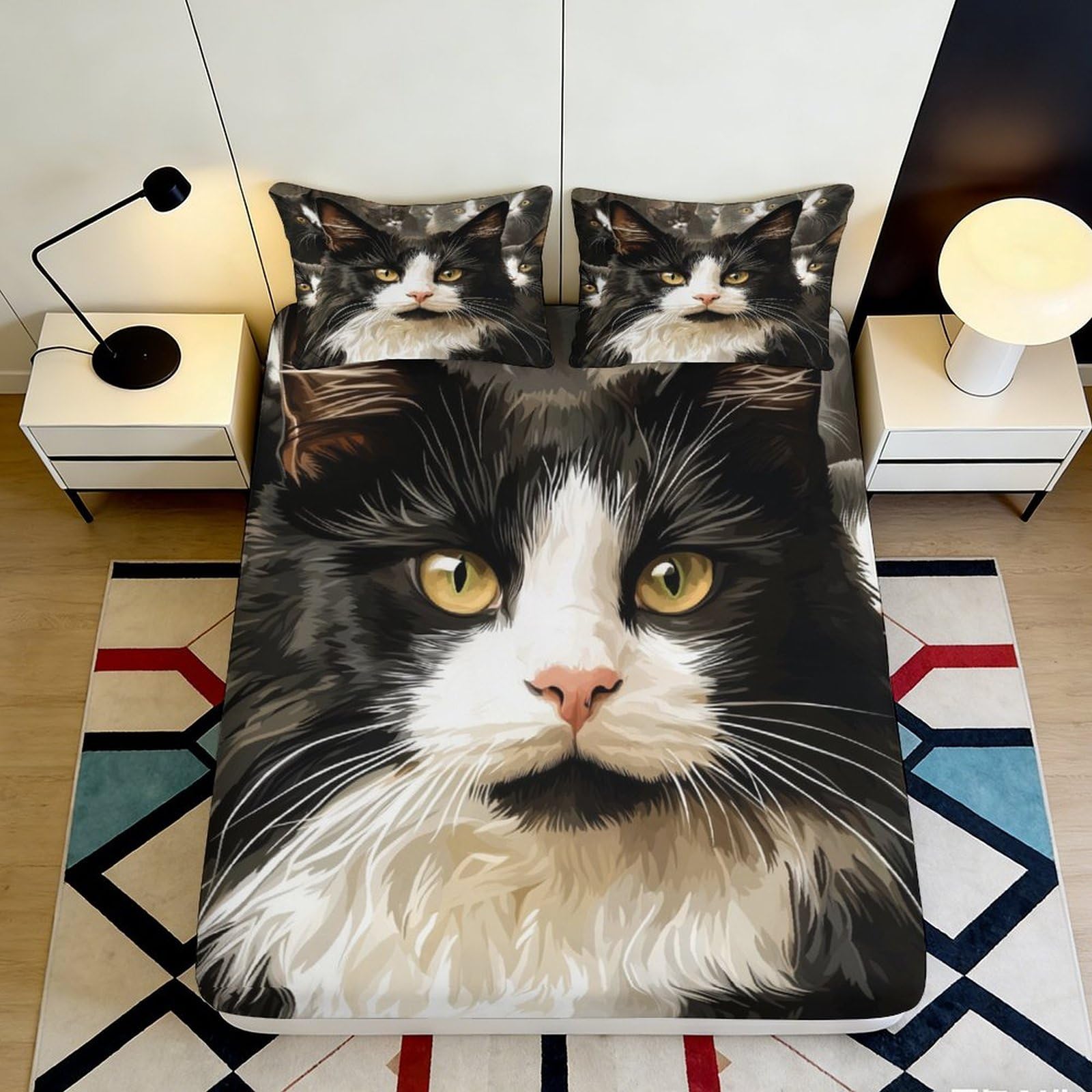 Uynsixtme Style-1 3D Printed Cat Pattern Fitted Sheet Microfiber Deep Pocket Non-Slip For Bedroom Cat Mattress Fitted Cover Elastic Hem Washable 200X200x25cm