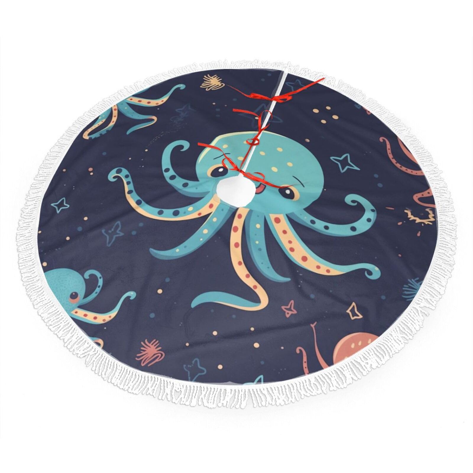 Cartoon Octopus Christmas Tree Skirt 36", Soft Plush Xmas Tree Carpet with Tassel Christmas Ornaments Winter Holiday Tree Mat Decoration for Home Party Supplies