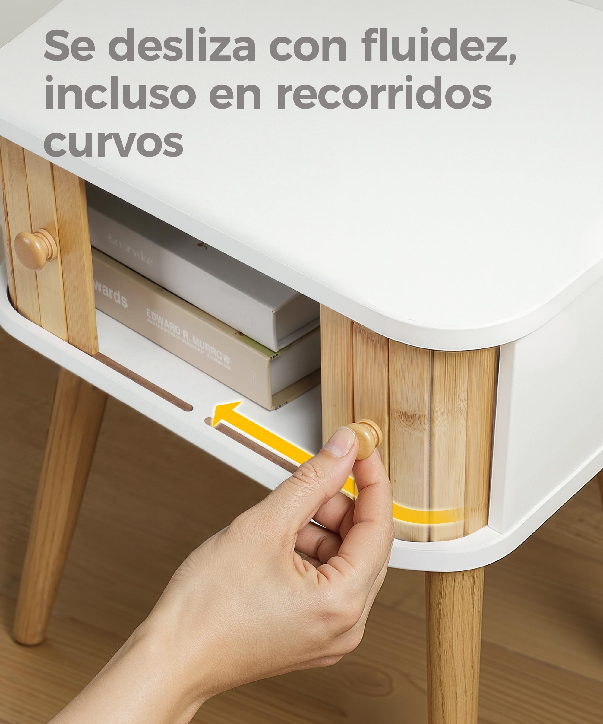 SUMGAR Mesita de Noche Blanca con 2 Puertas de Bambú Mesa Auxiliar Sofa