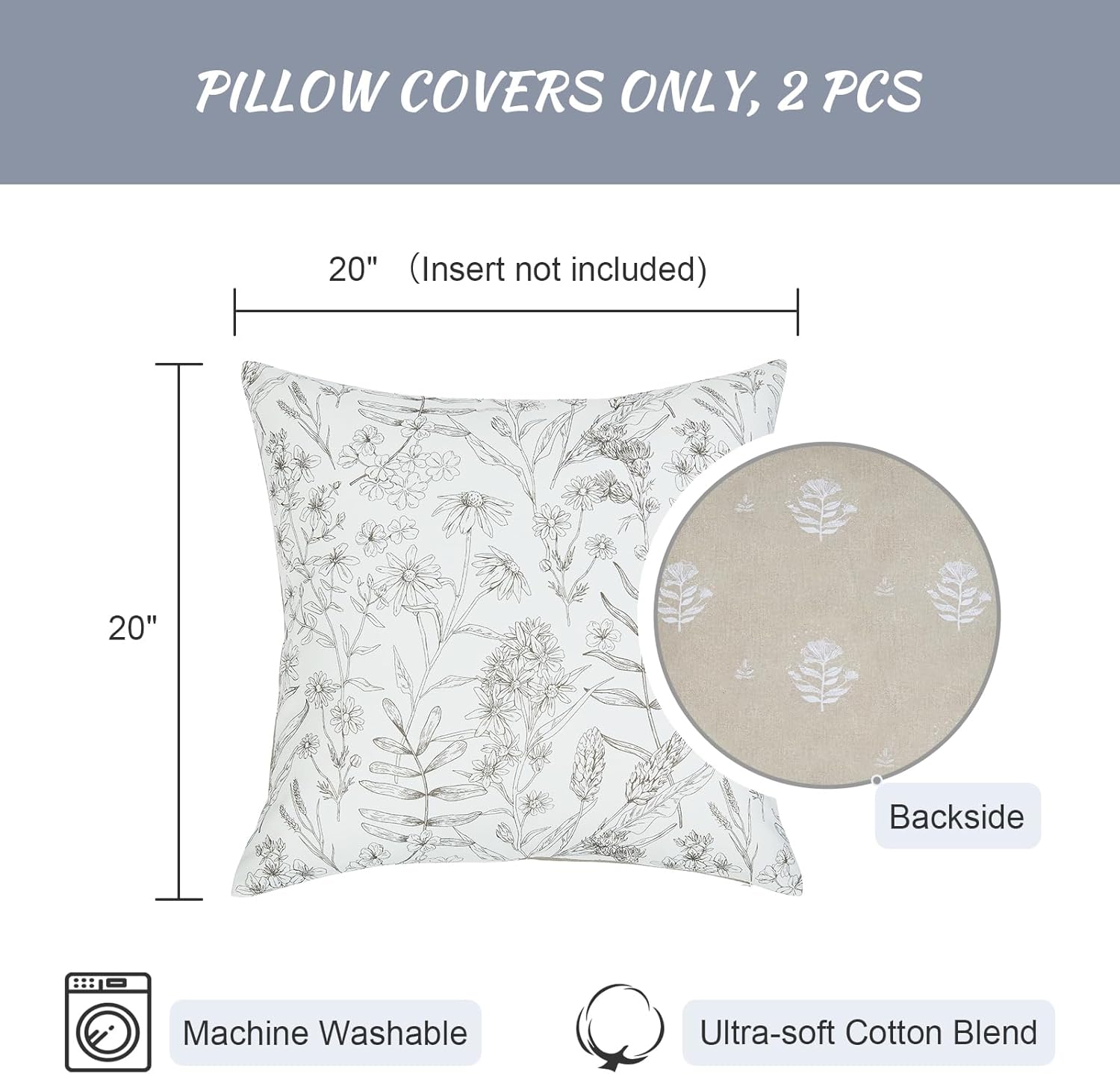 DWR Khaki Reversible Floral Linen Blend Farmhouse Decorative Throw Pillow Covers 20x20 Set of 2, Ultra Soft Accent Pillow for Couch Sofa Living Room, Cover ONLY - Image 6